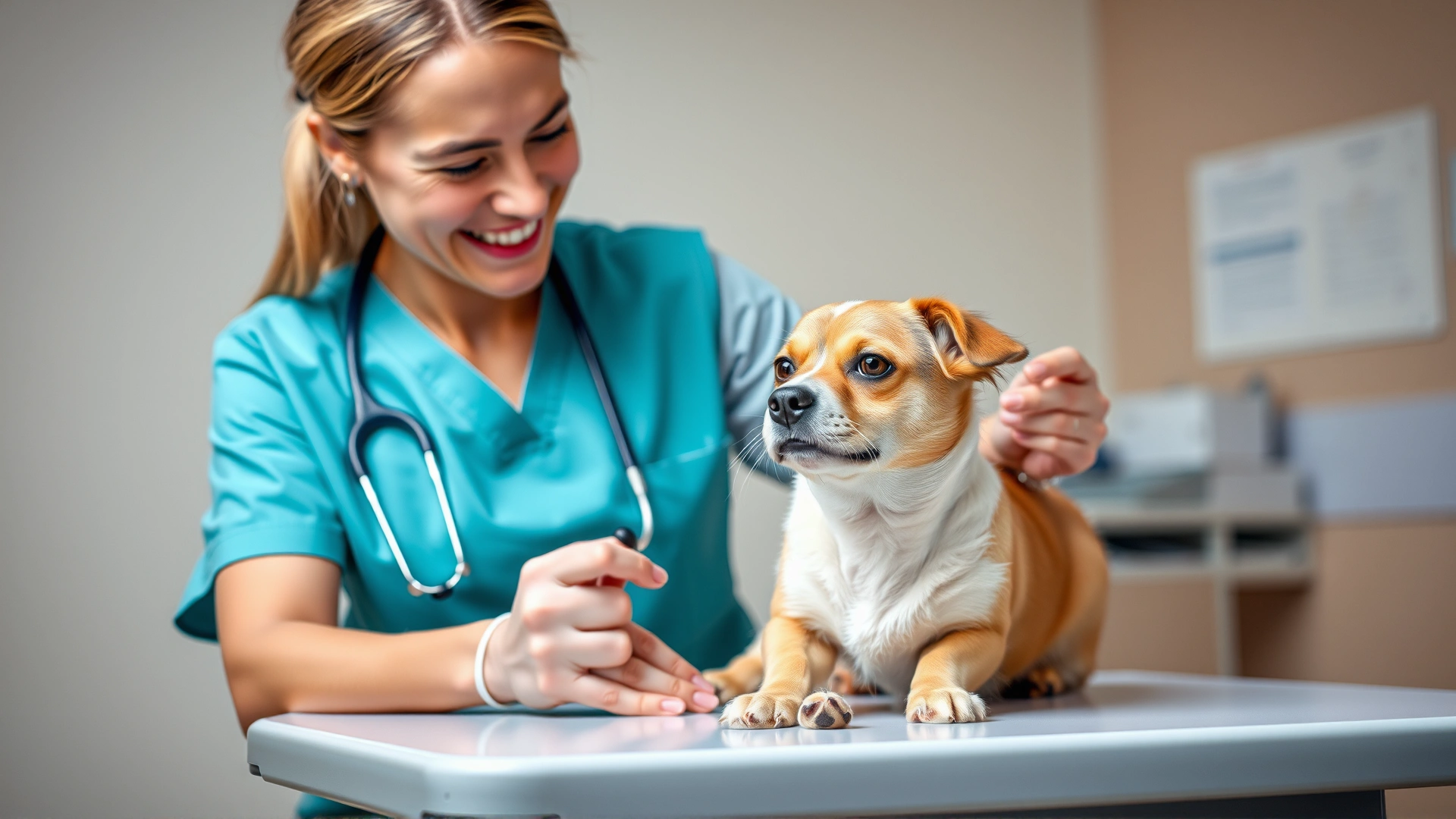 Cheerful veterinarian examining a calm cat and small dog together on an examination table, clinic background softly blurred.