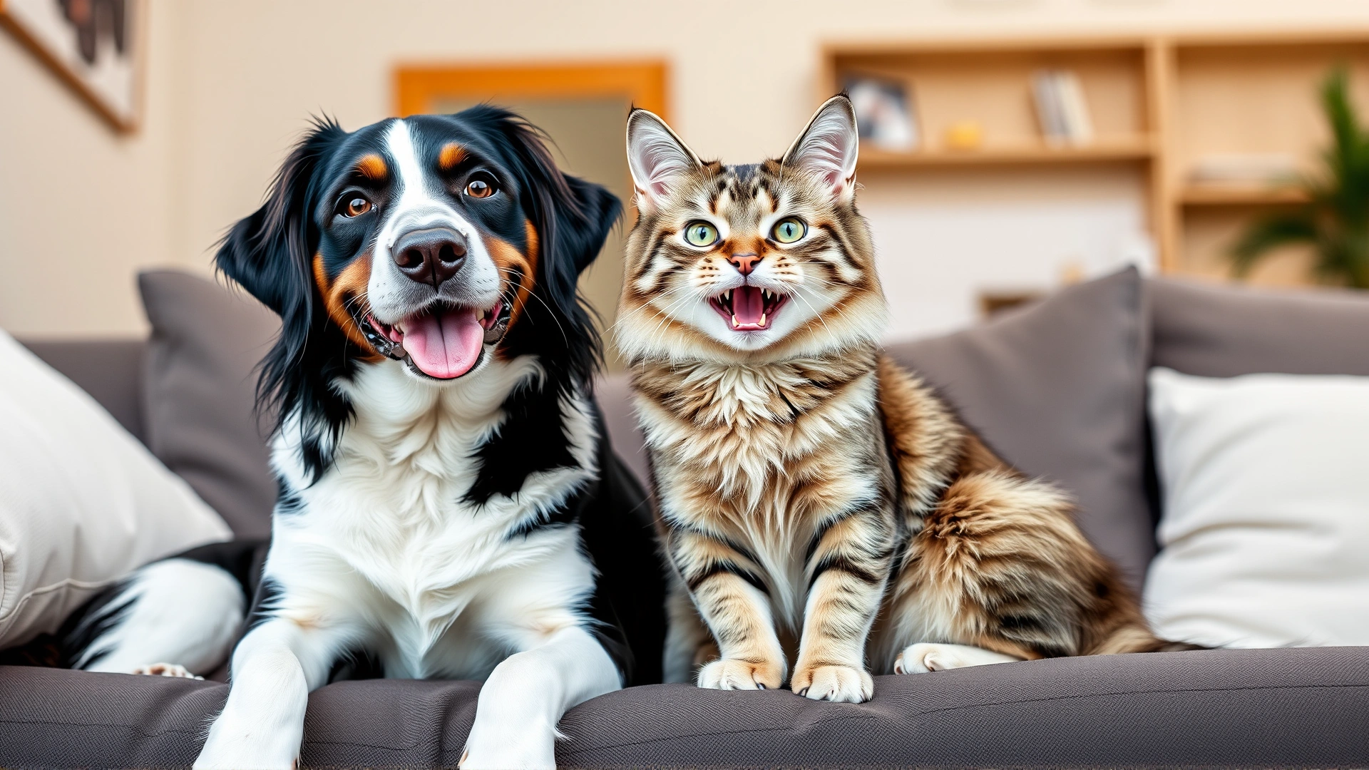 Happy dog and cat sitting side by side on a couch, both looking healthy and relaxed after treatment, bright living room background, natural light.
