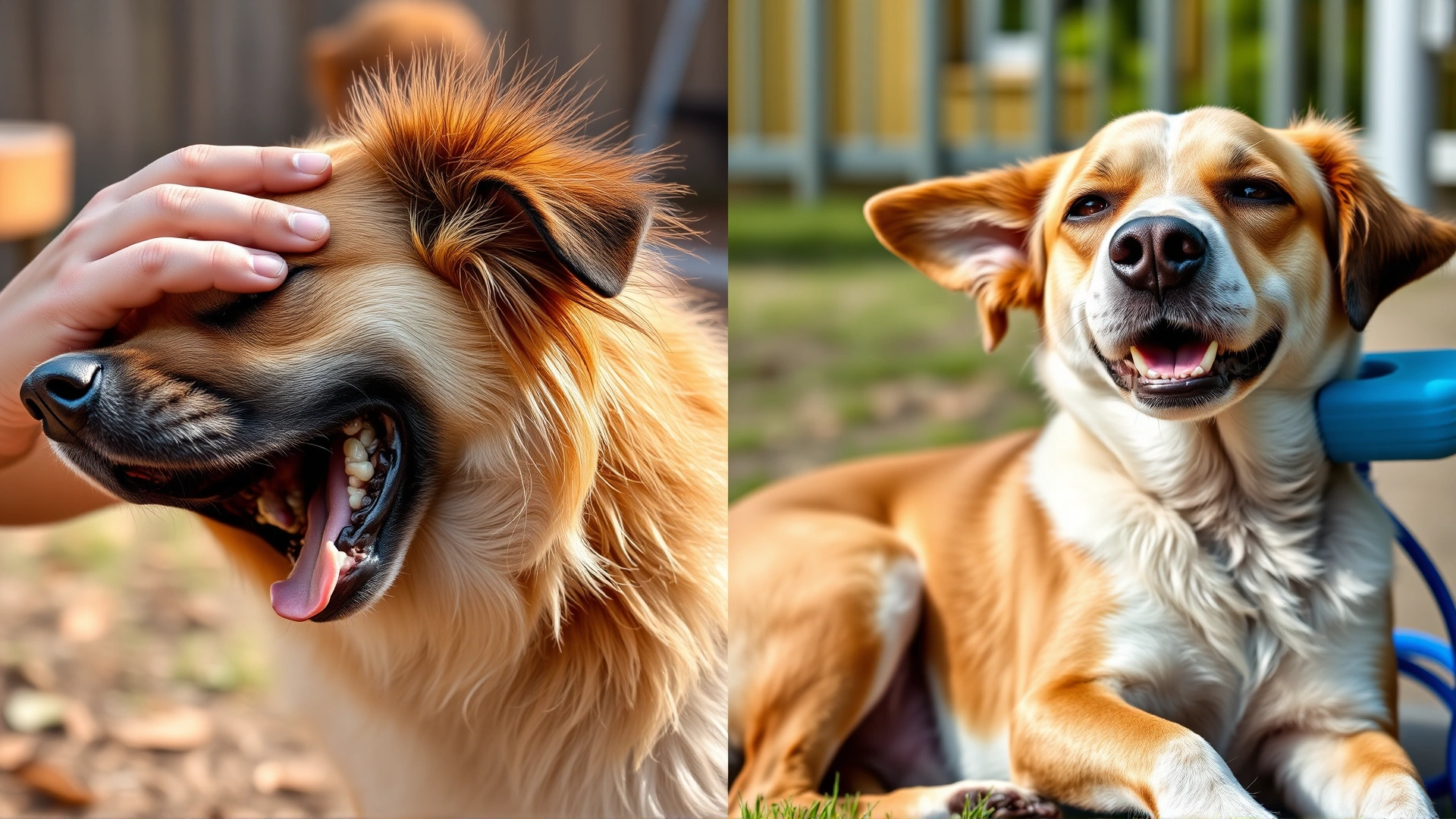 Split-scene image: left side shows a dog scratching intensely, right side shows the same dog relaxed after treatment, outdoor setting, vivid colors, high-resolution