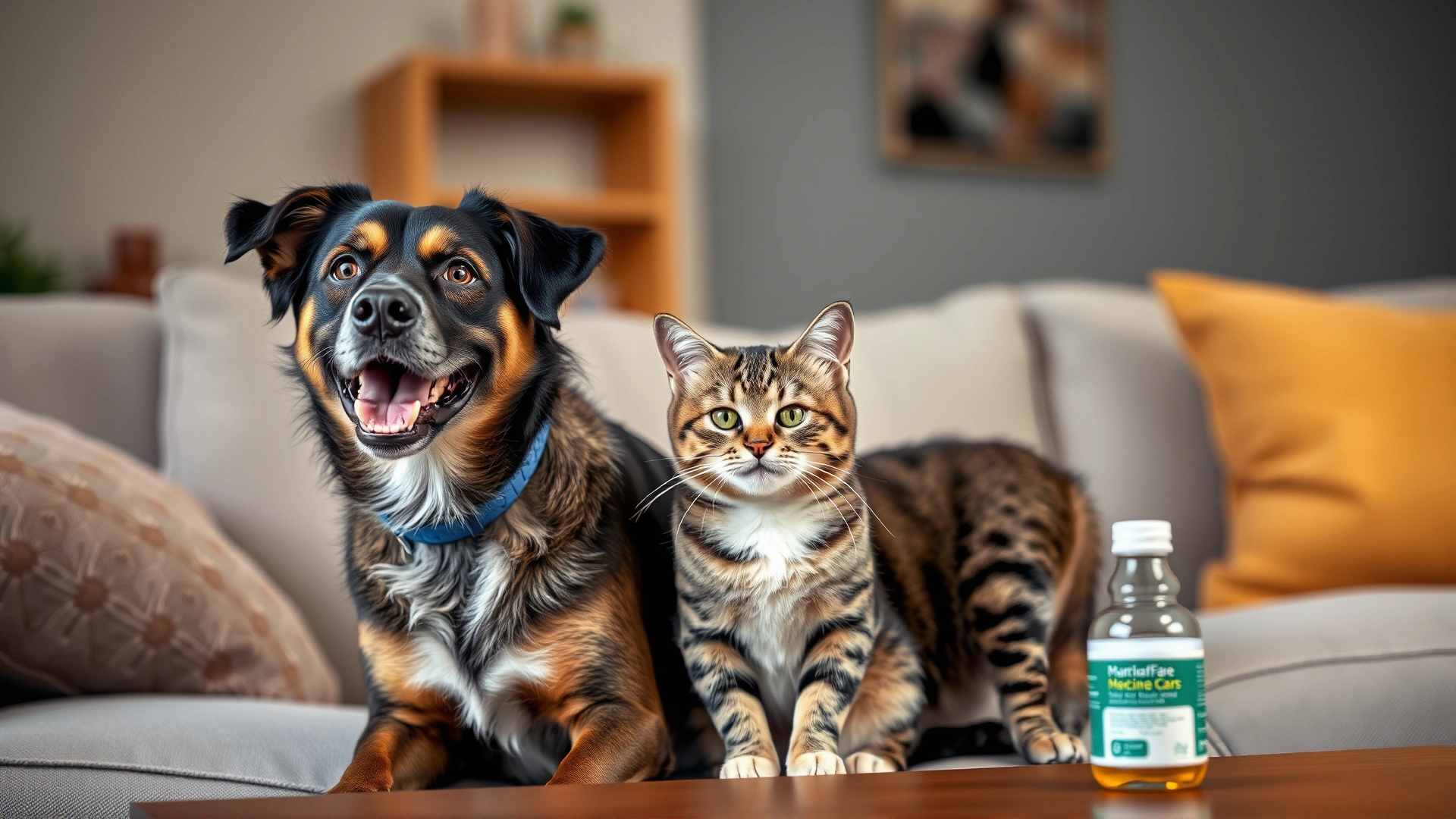 Happy mixed-breed dog and tabby cat sitting together on a couch with a soft-focus living-room background and a bottle of pet-safe medication on the coffee table.