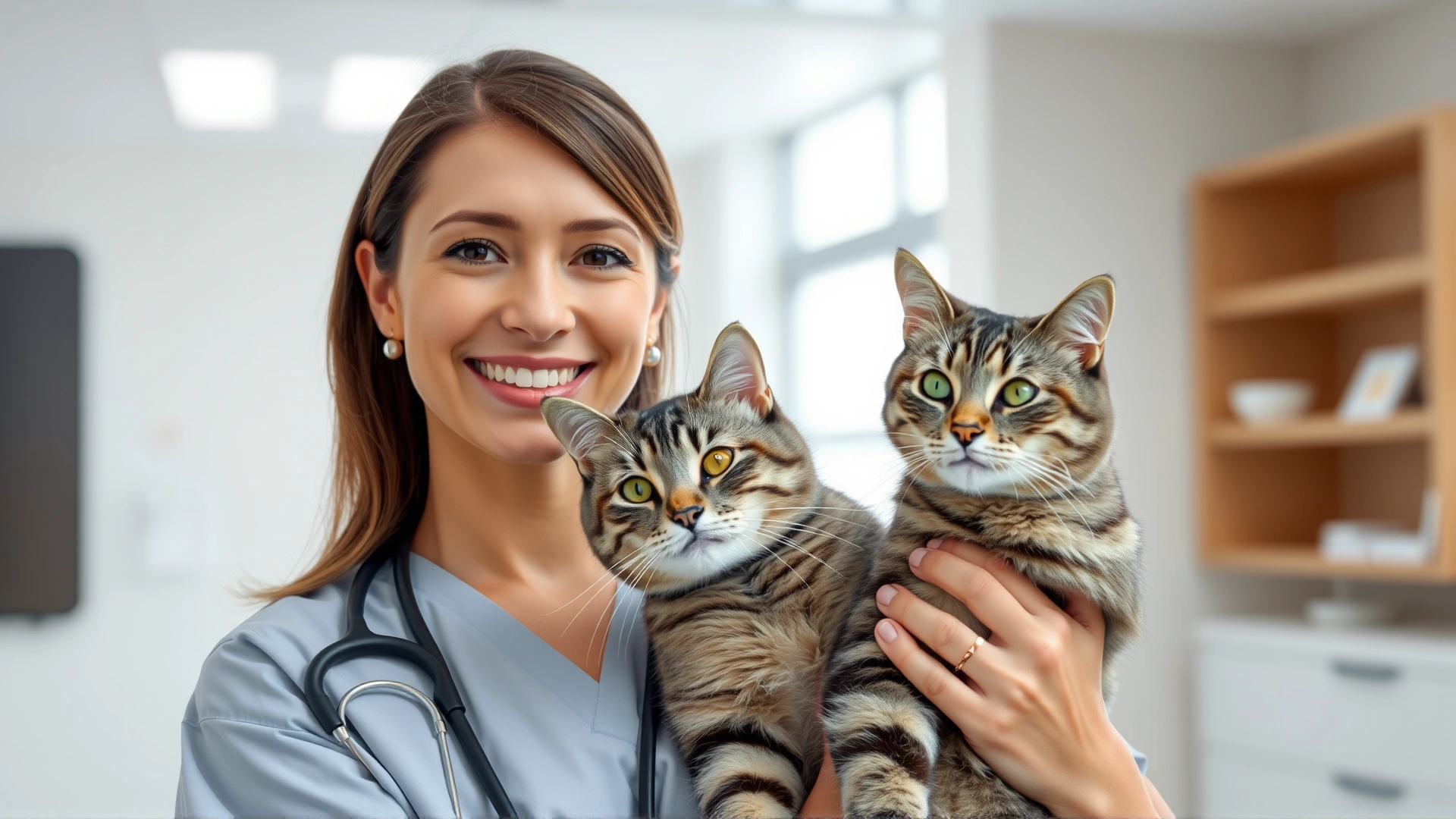 Smiling veterinarian holding a grey tabby cat in a bright modern clinic, stethoscope visible, conveys trust and medical care.