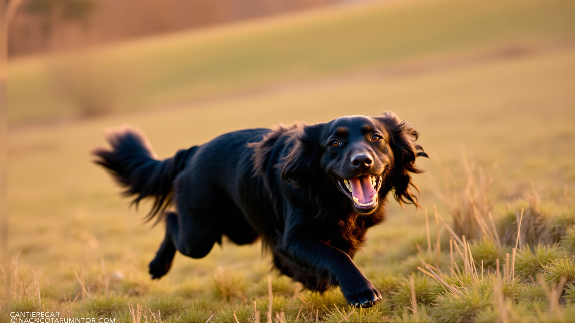 Wide-angle shot of a Flat-Coated Retriever running toward the camera in an open field during golden hour, ears flapping and a big smile on its face, high-resolution action photo