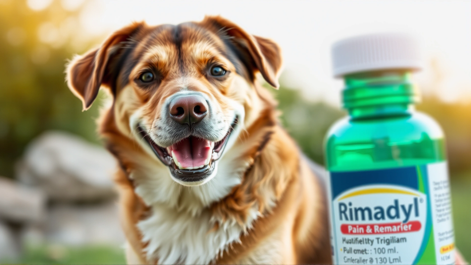 Close-up of a healthy, smiling dog sitting outdoors with Rimadyl bottle blurred in the foreground, symbolizing effective pain relief