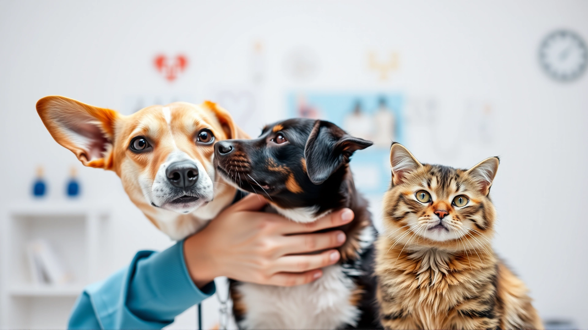 High-resolution horizontal banner showing a veterinarian gently examining a dog and a cat side by side, with medical icons faded in the background, bright and inviting clinic environment