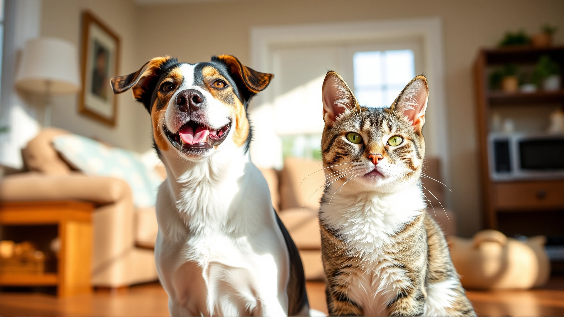 Happy dog and cat sitting side by side in a sunny living room, both with perked ears and relaxed expressions, symbolizing healthy ear care.