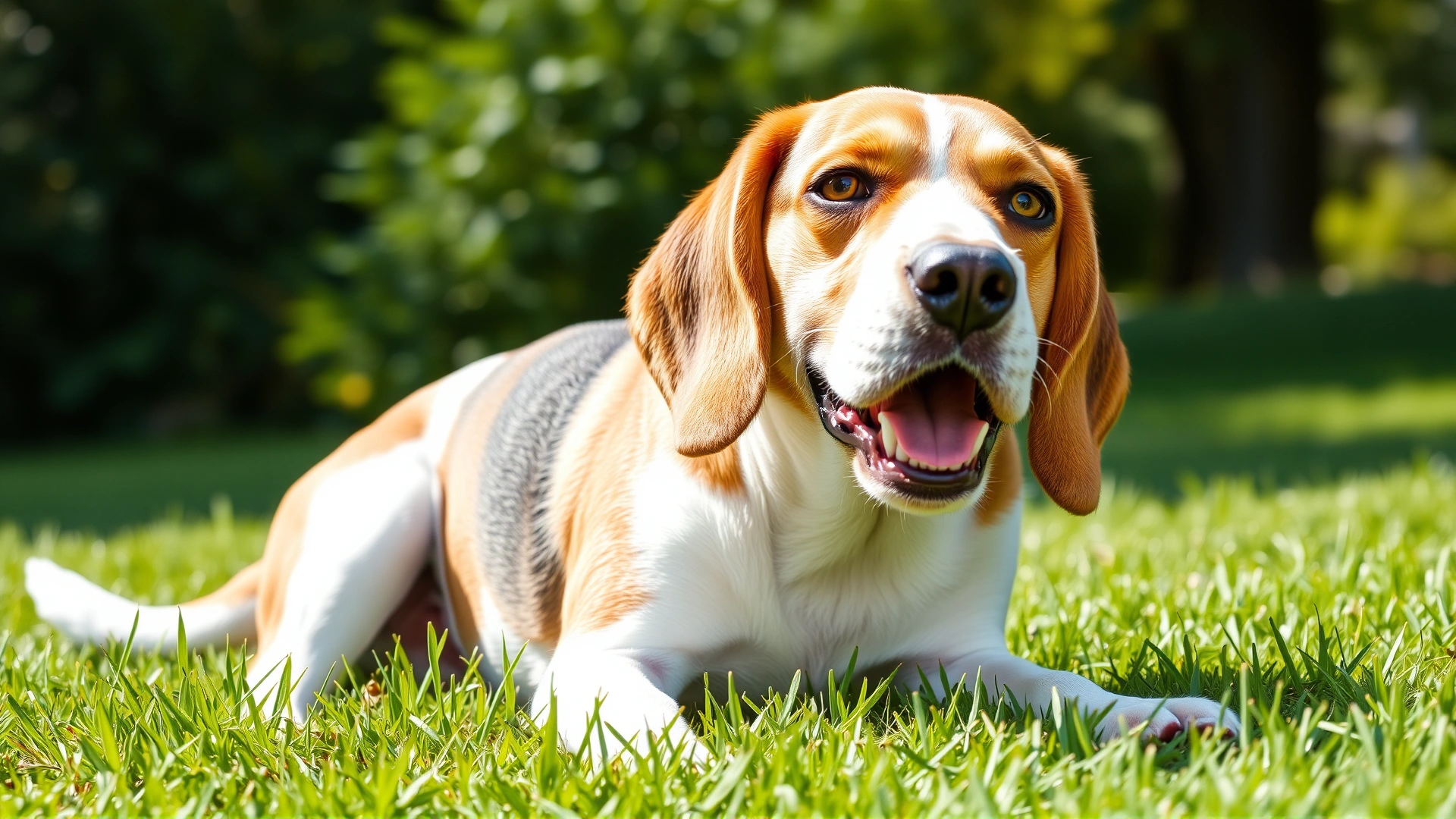 Playful beagle scratching its ear on a lush green lawn under warm sunlight, representing canine allergy discomfort.