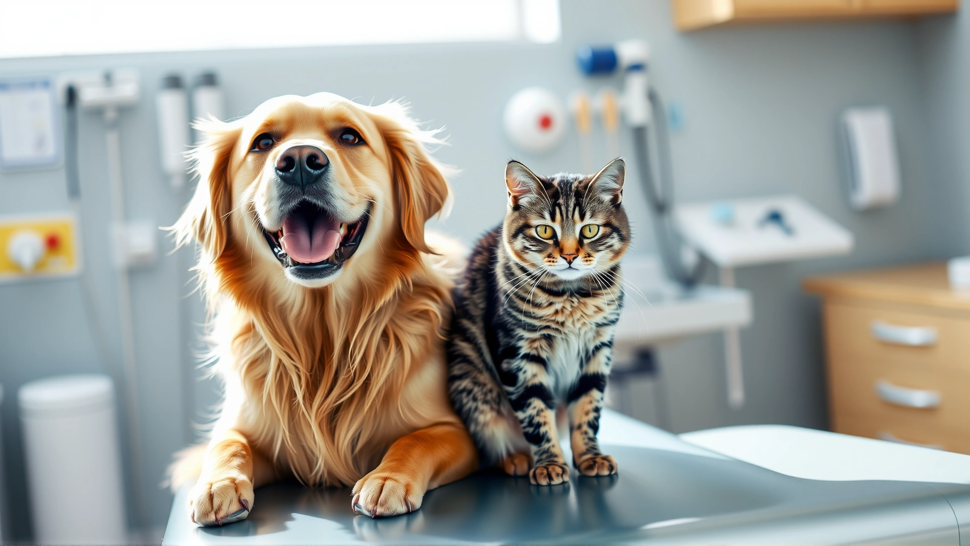 Happy golden retriever and gray tabby cat sitting together on a veterinary examination table with medical equipment blurred in the background, bright natural light