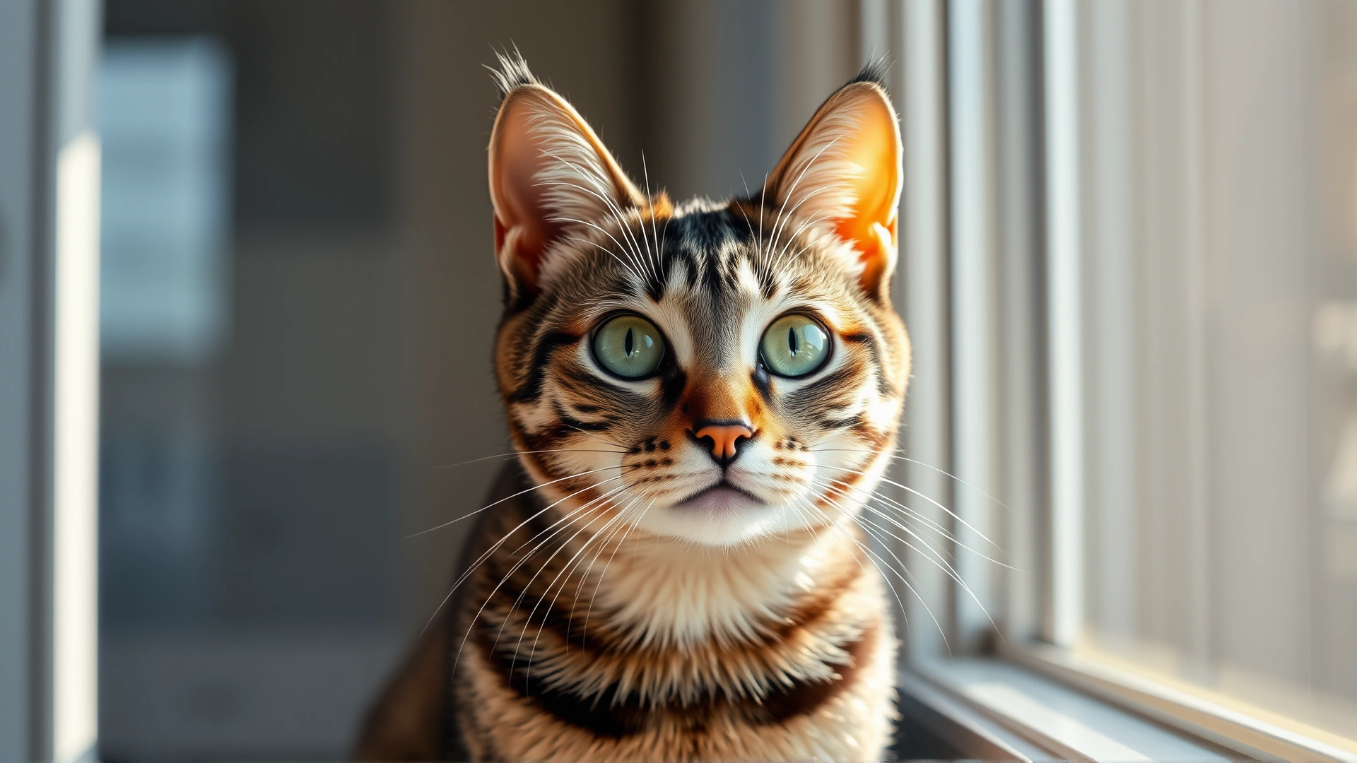 Portrait of a bright-eyed tabby cat sitting near a window with soft sunlight, eyes wide open and clear, conveying hope and health