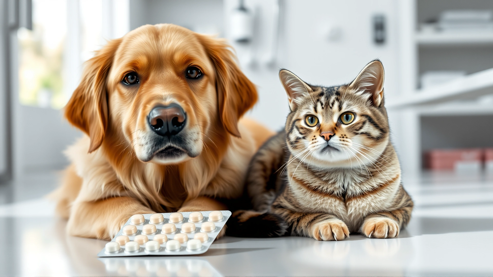 Friendly golden retriever and calm domestic short-haired cat sitting together next to a blister pack of tablets; bright veterinary clinic background, soft natural lighting