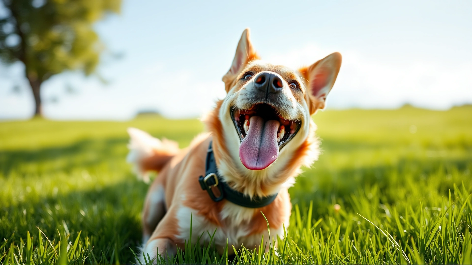 Happy dog playing outside on a sunny day, with soft focus background of green grass.