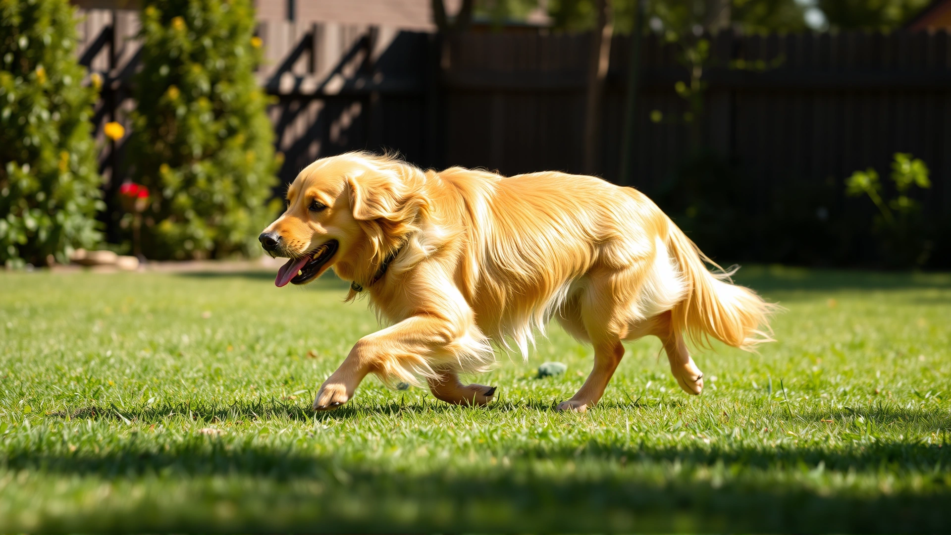 Healthy golden retriever running in a sunny backyard, no fleas or ticks visible, vibrant colors, high resolution