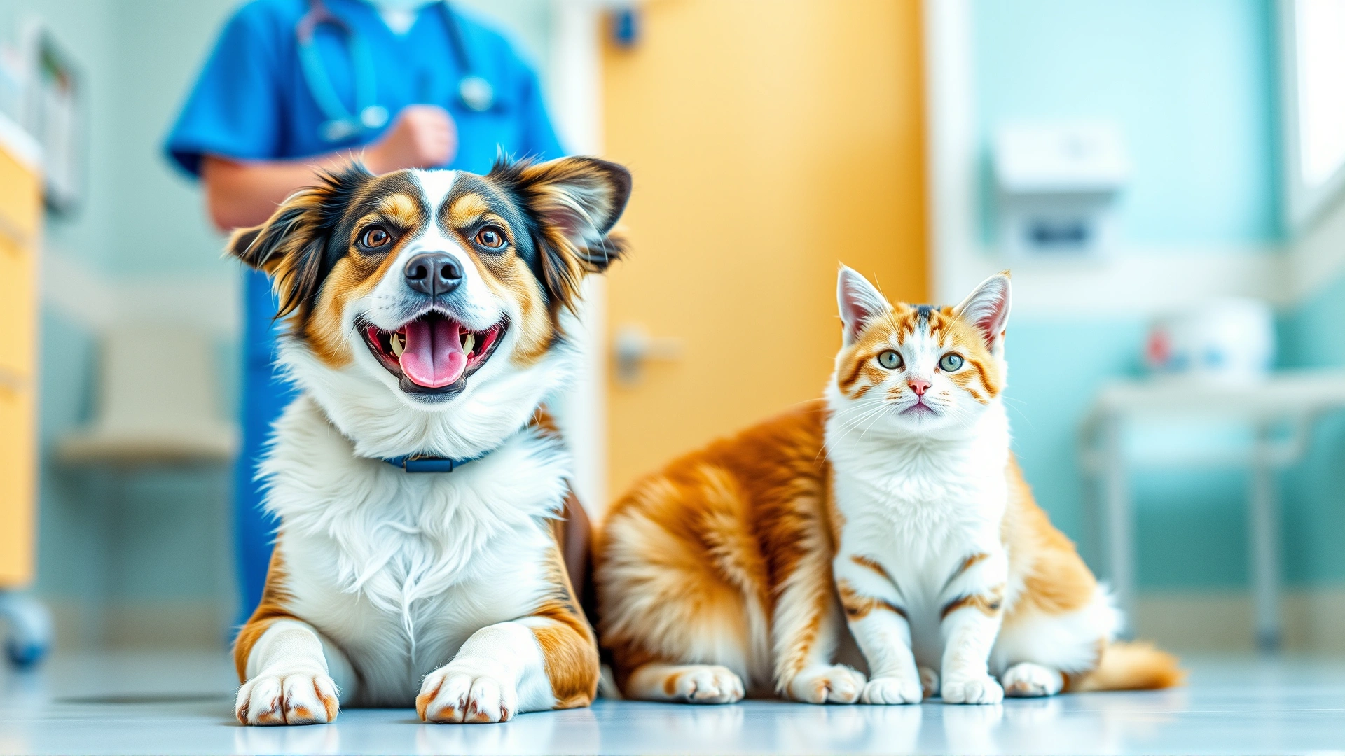 Happy dog and cat sitting together in a bright veterinary clinic environment with a friendly vet blurred in the background, no text