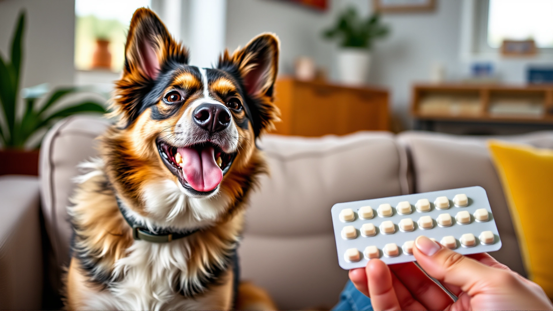 Cheerful mixed-breed dog sitting on a couch while its owner holds a blister pack of veterinary capsules in the foreground, bright and welcoming atmosphere