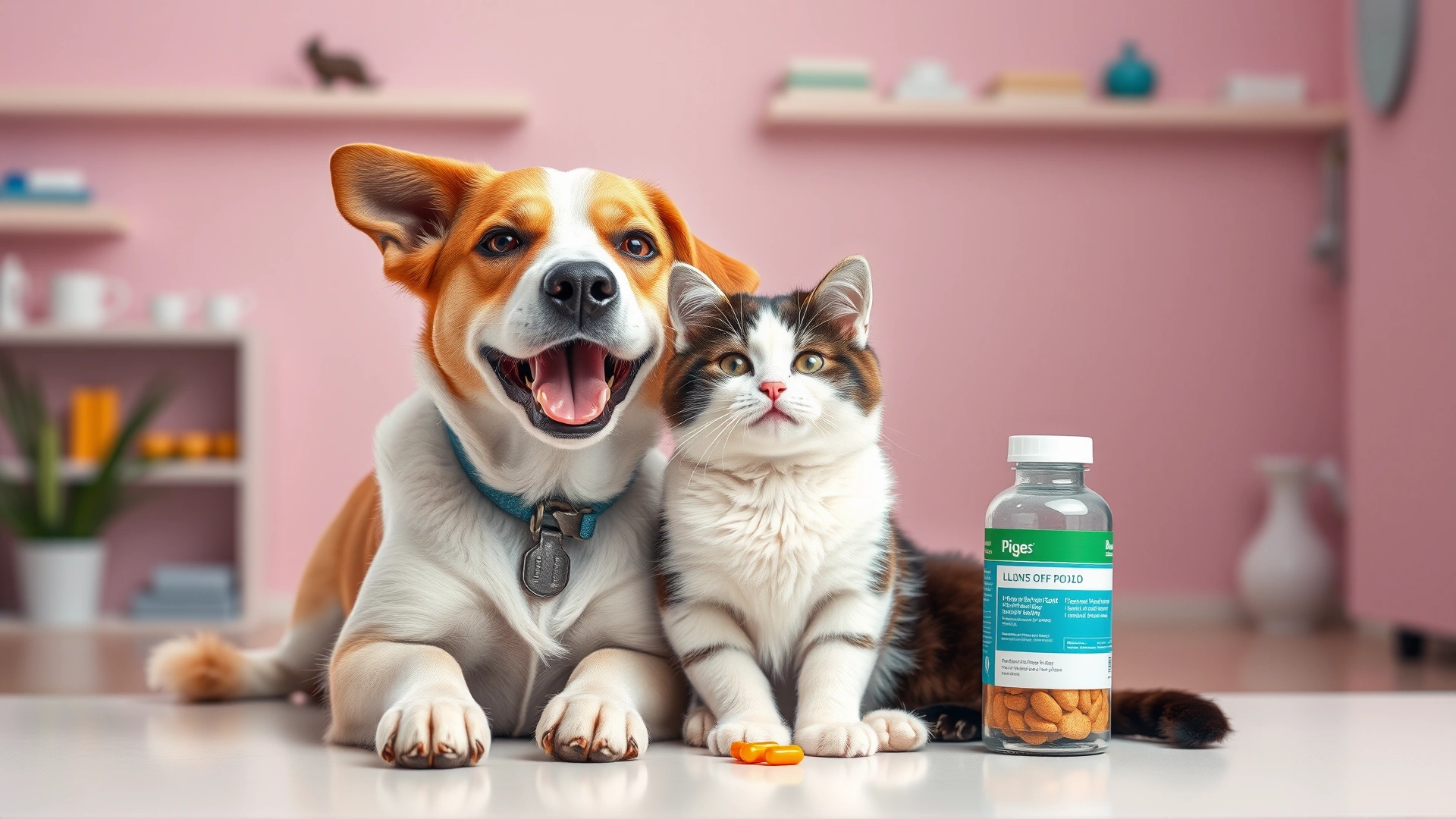 Wide horizontal image of a happy dog and cat sitting together next to a bottle of pills with a soft pastel veterinary clinic background, uplifting mood, high resolution.