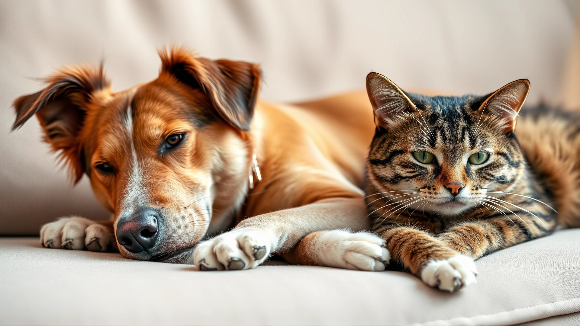 Friendly mixed-breed dog lying next to a relaxed domestic short-haired cat on a cozy sofa, both looking calm and healthy, natural daylight, high resolution.