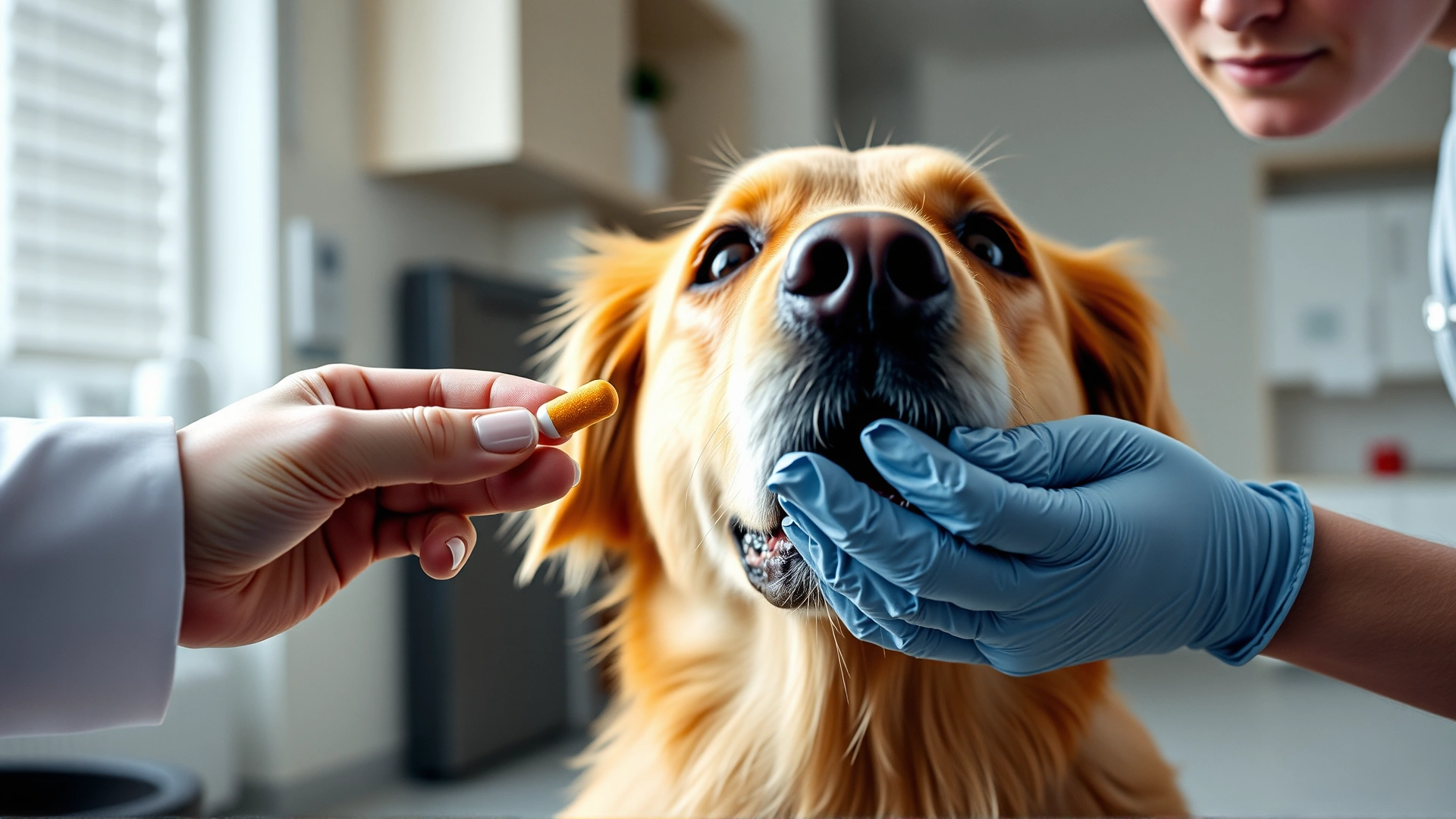 Close-up of a veterinarian offering a chewable tablet to a golden retriever inside a well-lit clinic, emphasizing the administration of Deracoxib.