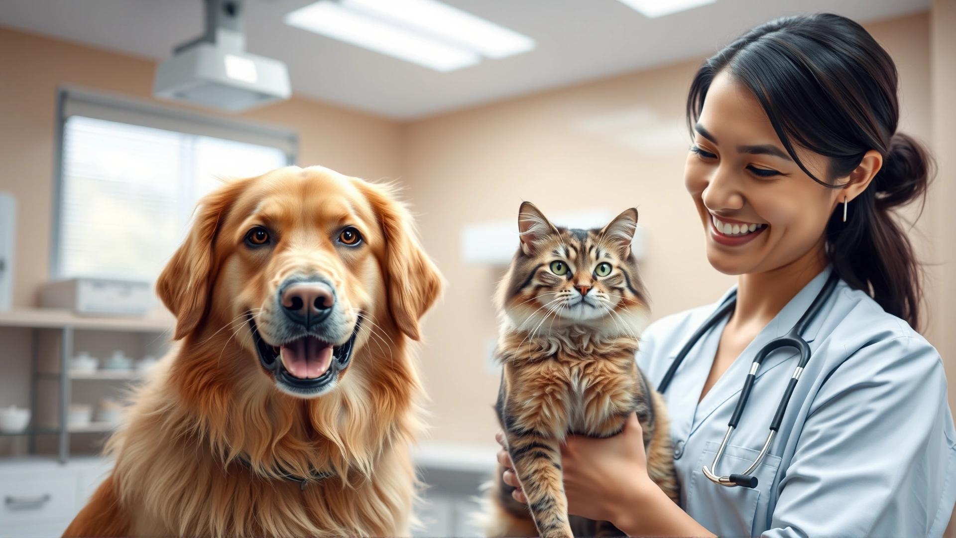 Wide shot of a friendly veterinarian smiling while gently examining both a golden retriever and a domestic short-hair cat in a well-lit clinic, conveying trust and care