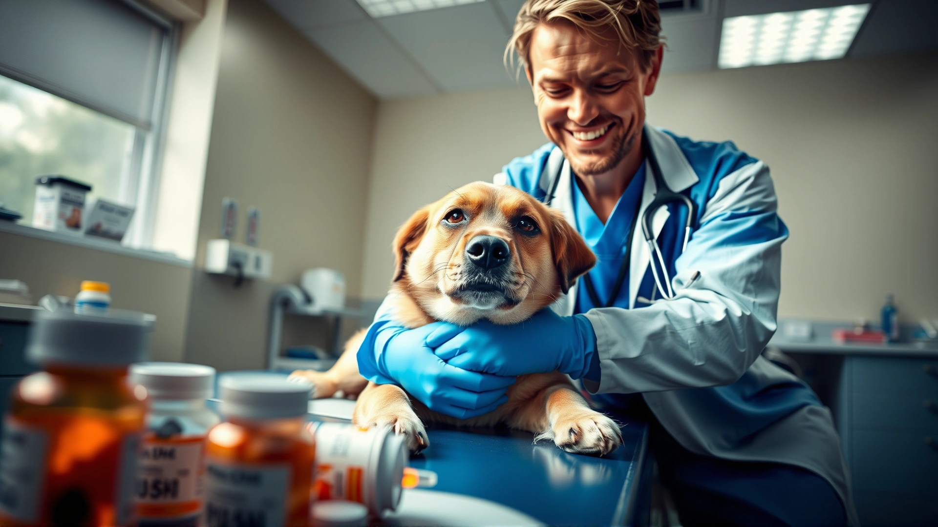 Wide-angle shot of a friendly veterinarian comforting a medium-sized dog on an exam table with pill bottles blurred in foreground, bright clinic environment, no text on objects