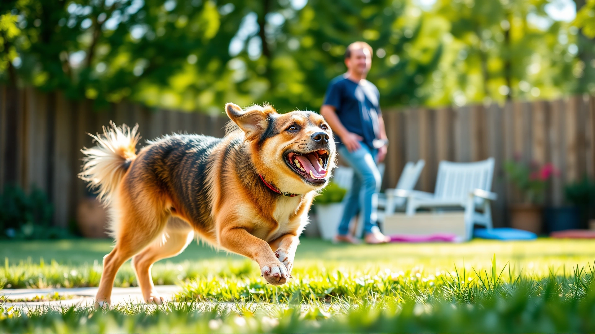 Happy mixed-breed dog playing in the backyard while its owner watches, symbolizing a healthy life after treatment; bright daylight, shallow depth of field