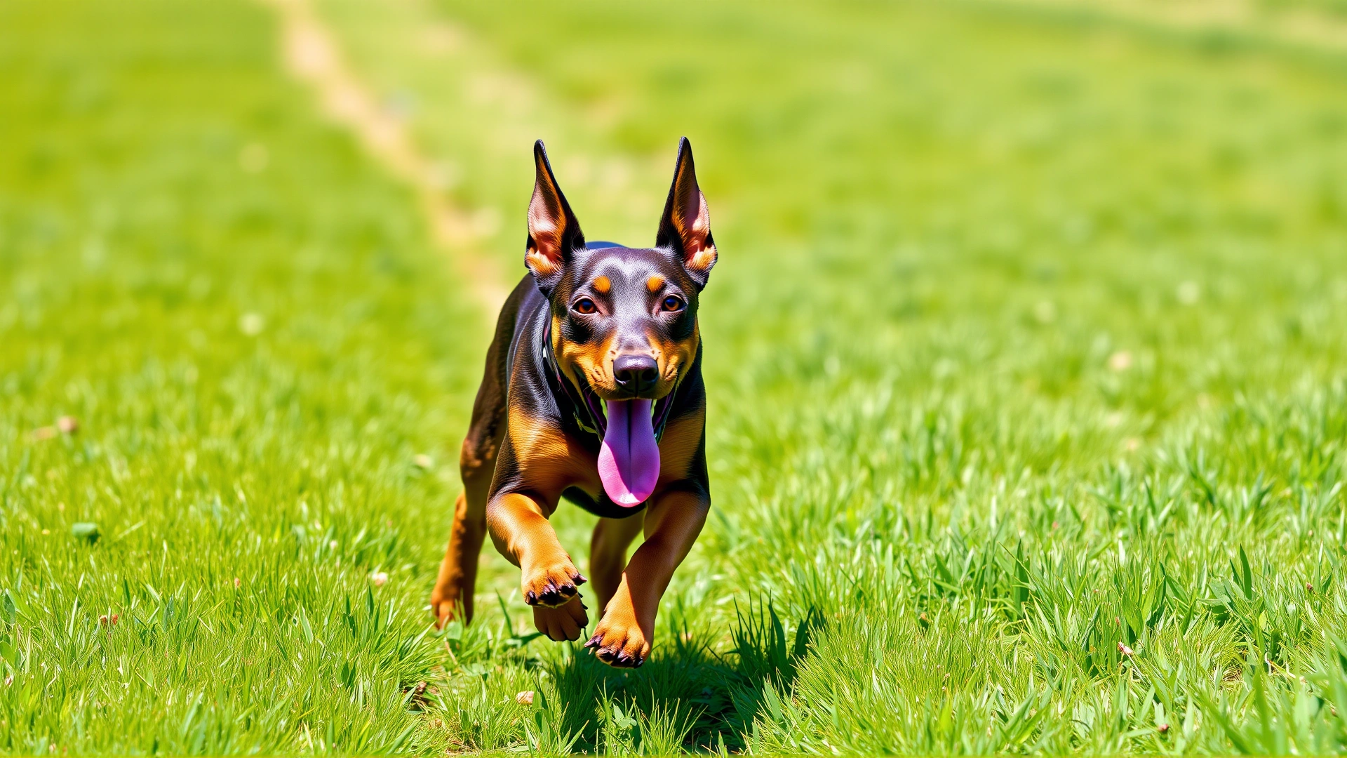Energetic German Pinscher running toward the camera across a lush green meadow on a sunny day, ears flapping and tongue out.