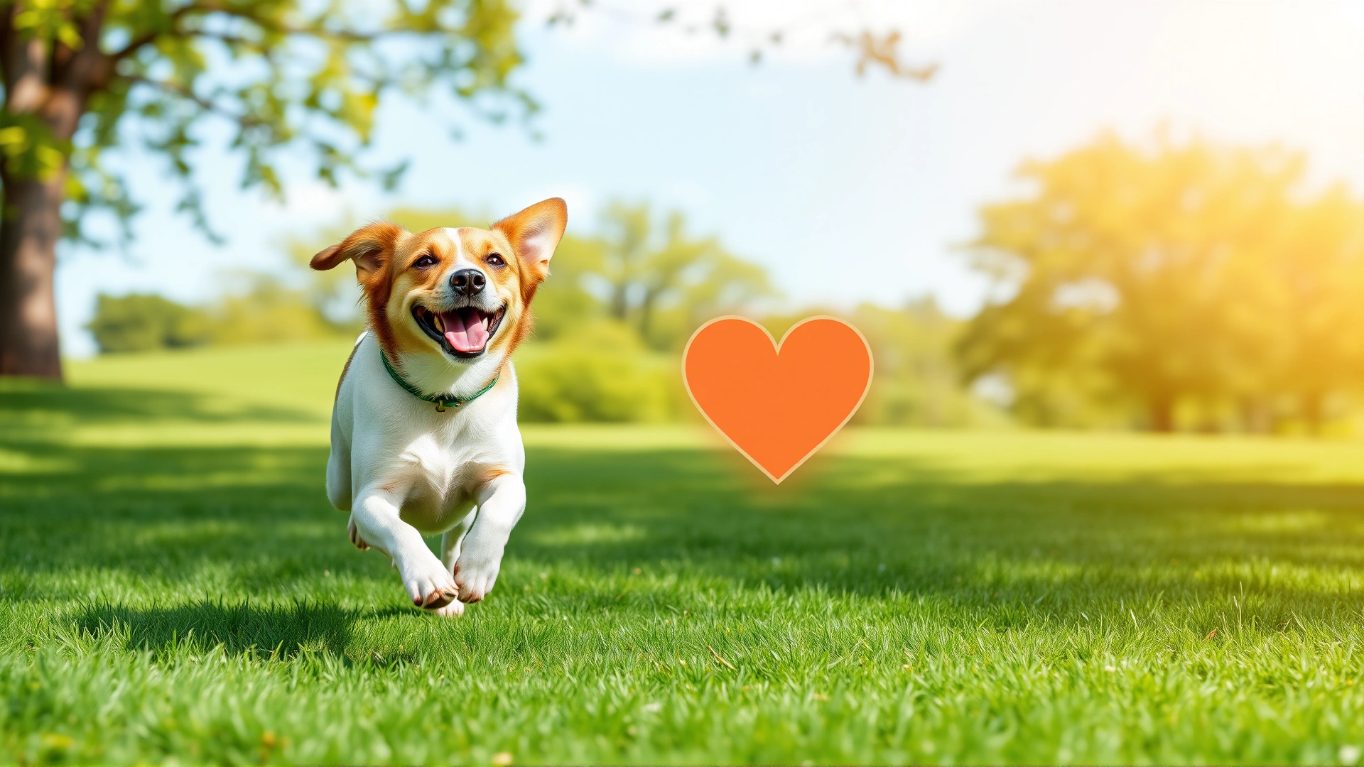 Happy dog running in a green park on a sunny day with a subtle heart icon overlay, symbolizing canine heart health.