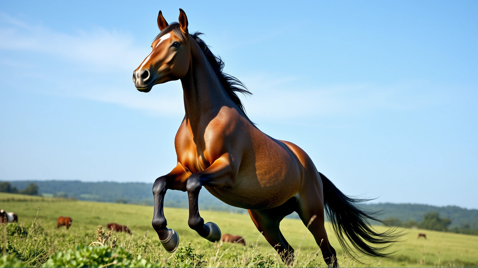 Wide shot of a healthy horse galloping in a green pasture under clear skies, symbolizing vitality and wellness.