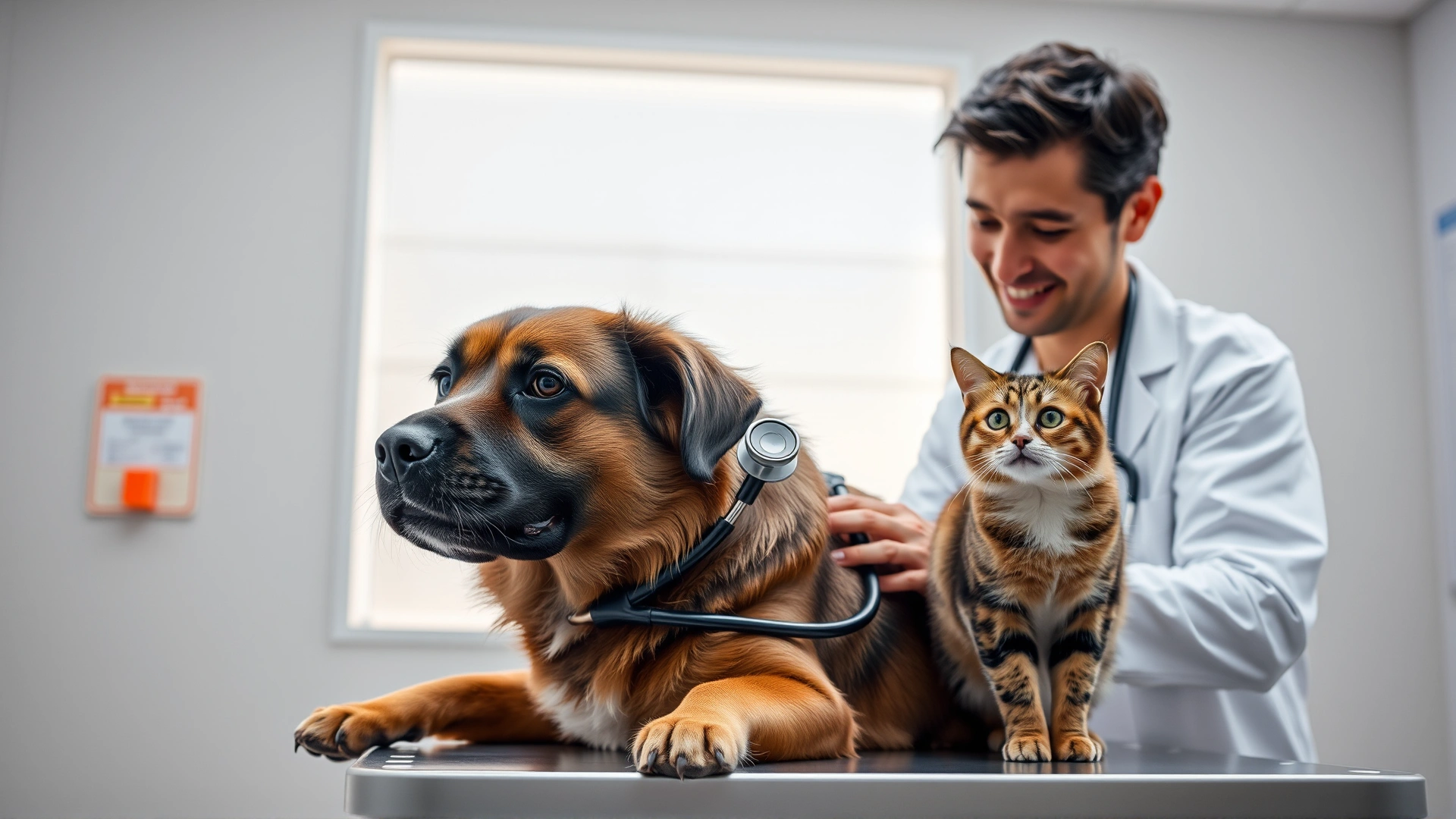 Friendly veterinarian examining a medium-sized dog with a stethoscope while a curious cat watches nearby on the exam table; bright clinic environment; natural lighting