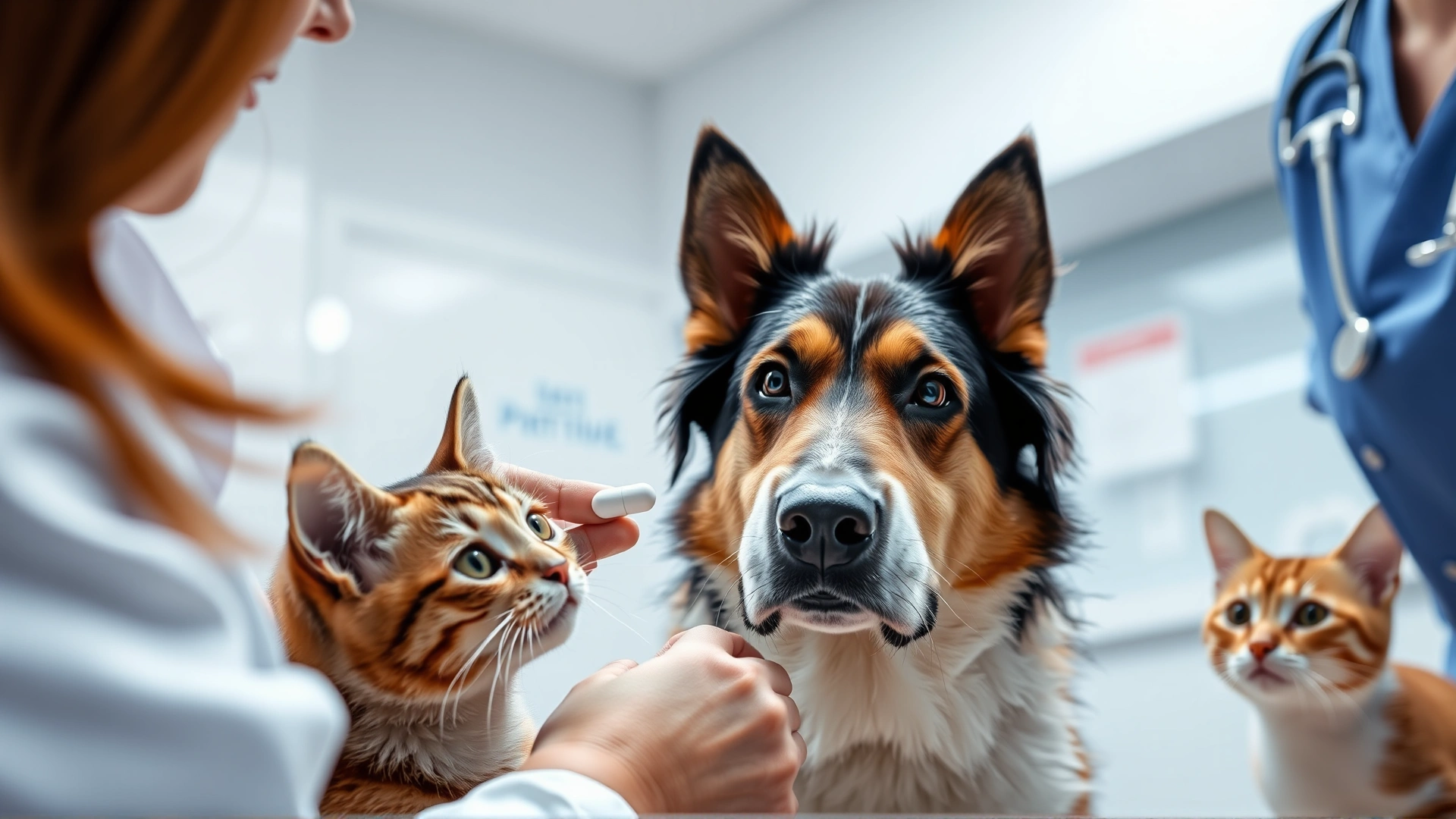 Veterinarian gently administering a small white pill to a medium-sized dog while a curious cat watches in a modern, clean clinic; bright lighting, no text.