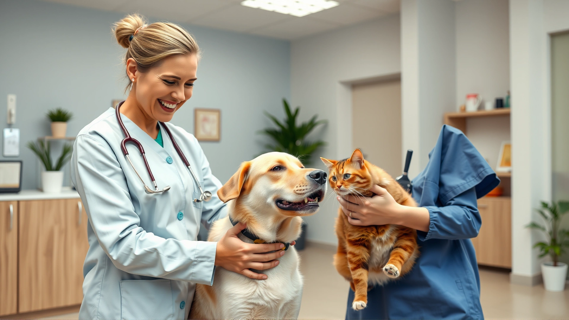 Wide-angle shot of a cheerful veterinarian gently petting a dog and a cat side by side in a modern veterinary clinic reception area, conveying trust and care