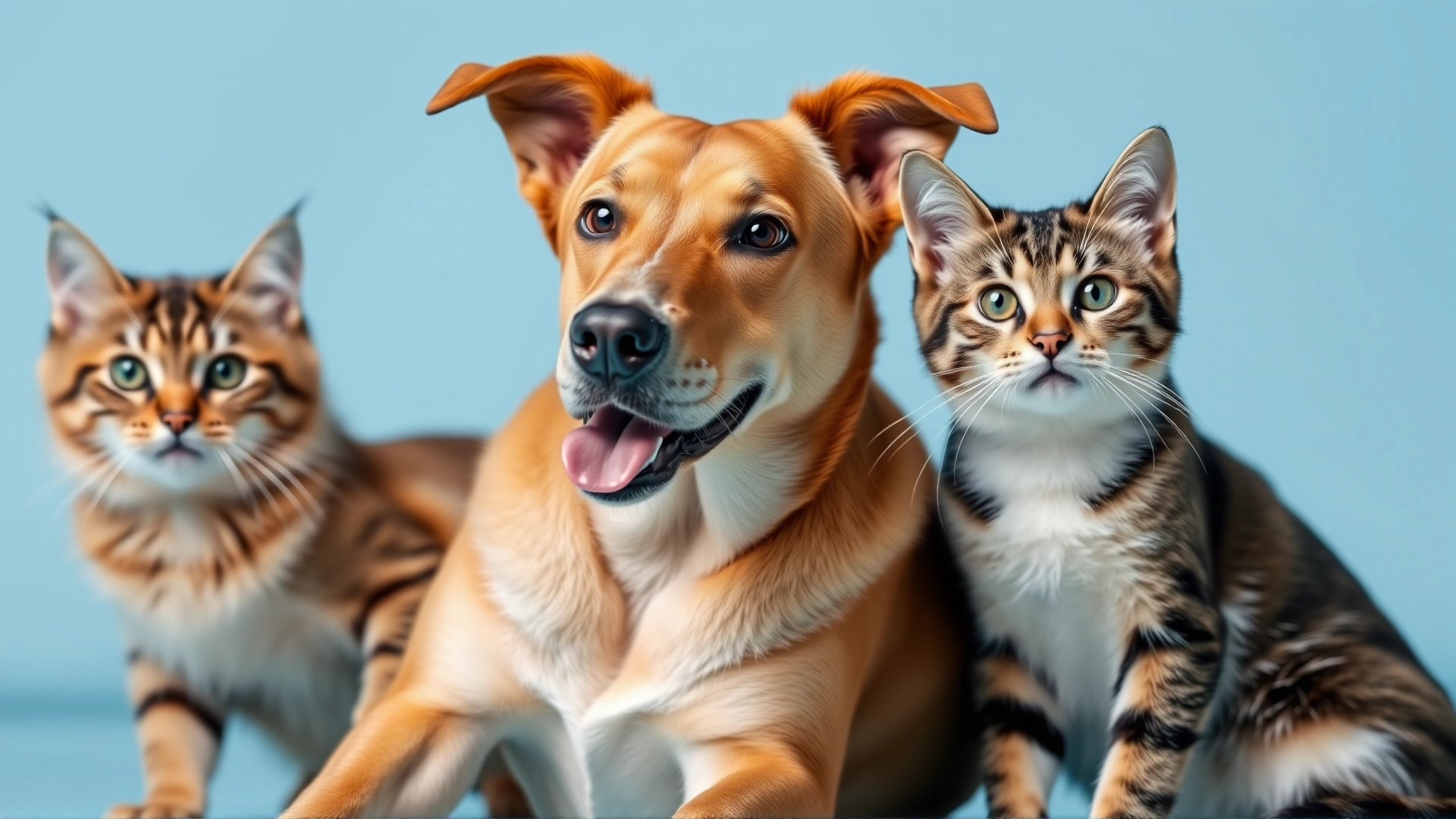 Close-up portrait of a healthy dog and cat sitting side by side against a light blue background, both looking alert and energetic