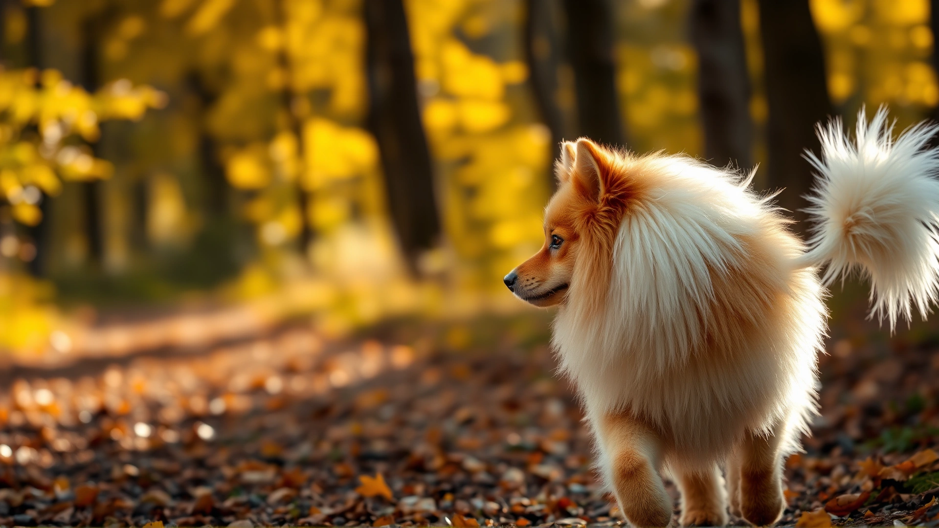 Side profile of an adult German Spitz walking through an autumn forest trail with golden leaves and soft sunlight, high-resolution photograph.