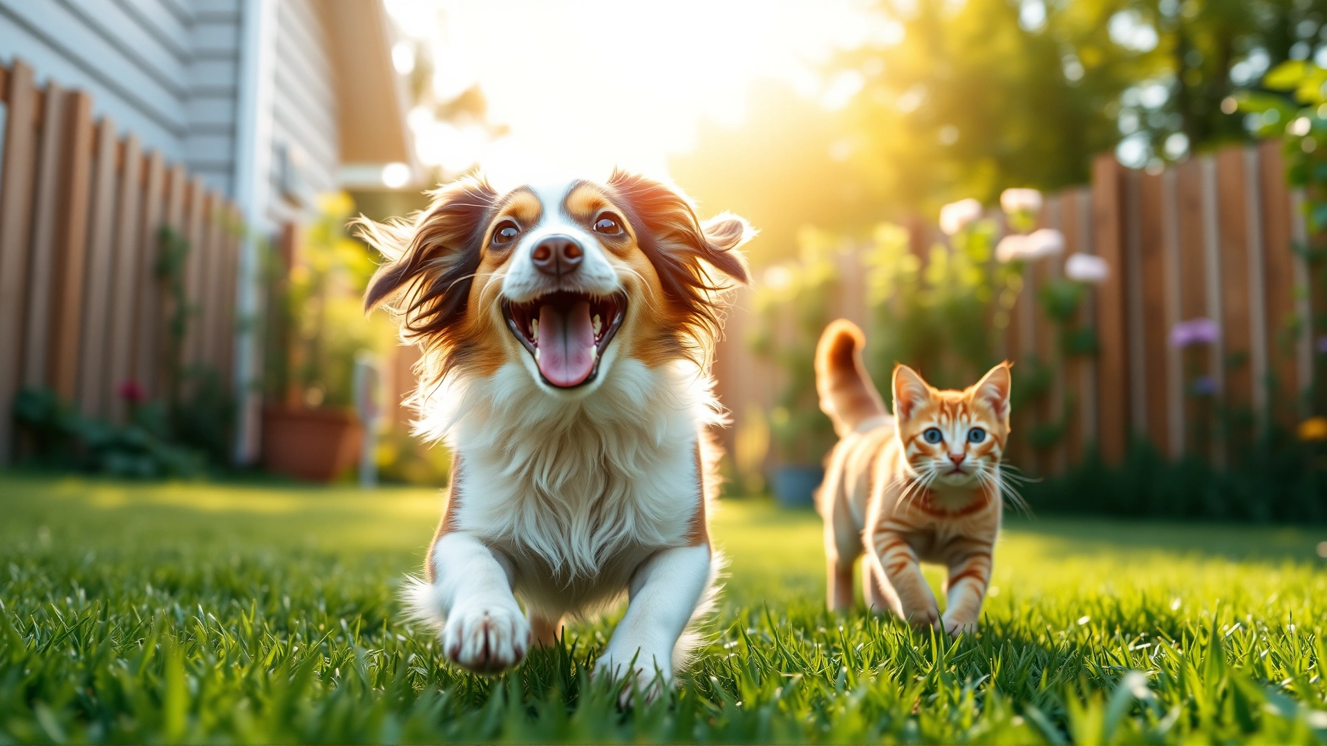 Wide banner image of a cheerful dog and cat running in a sunlit backyard, subtle depth of field, bright and inviting, no text