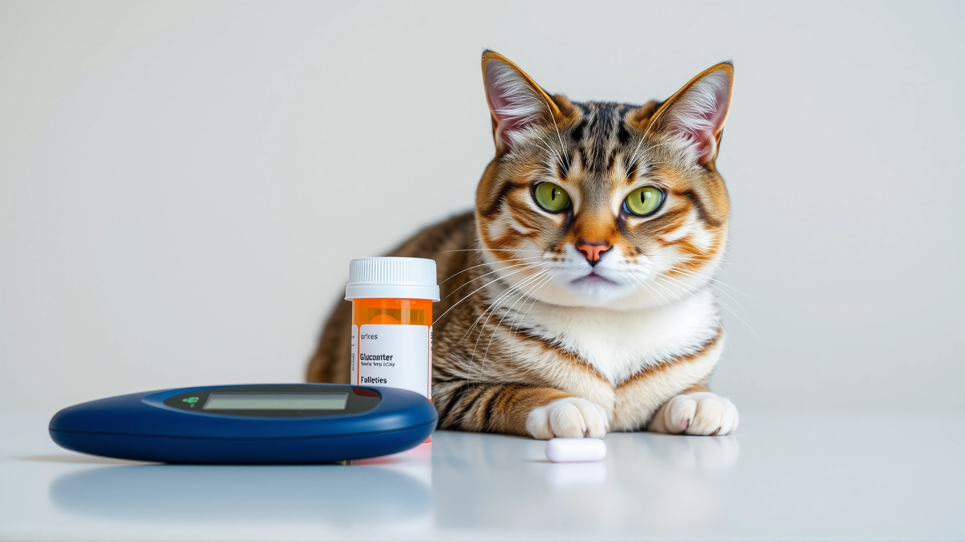 A calm domestic short-haired cat sitting next to a digital glucometer and a prescription pill bottle on a clean table; bright, neutral background to suggest a medical setting.