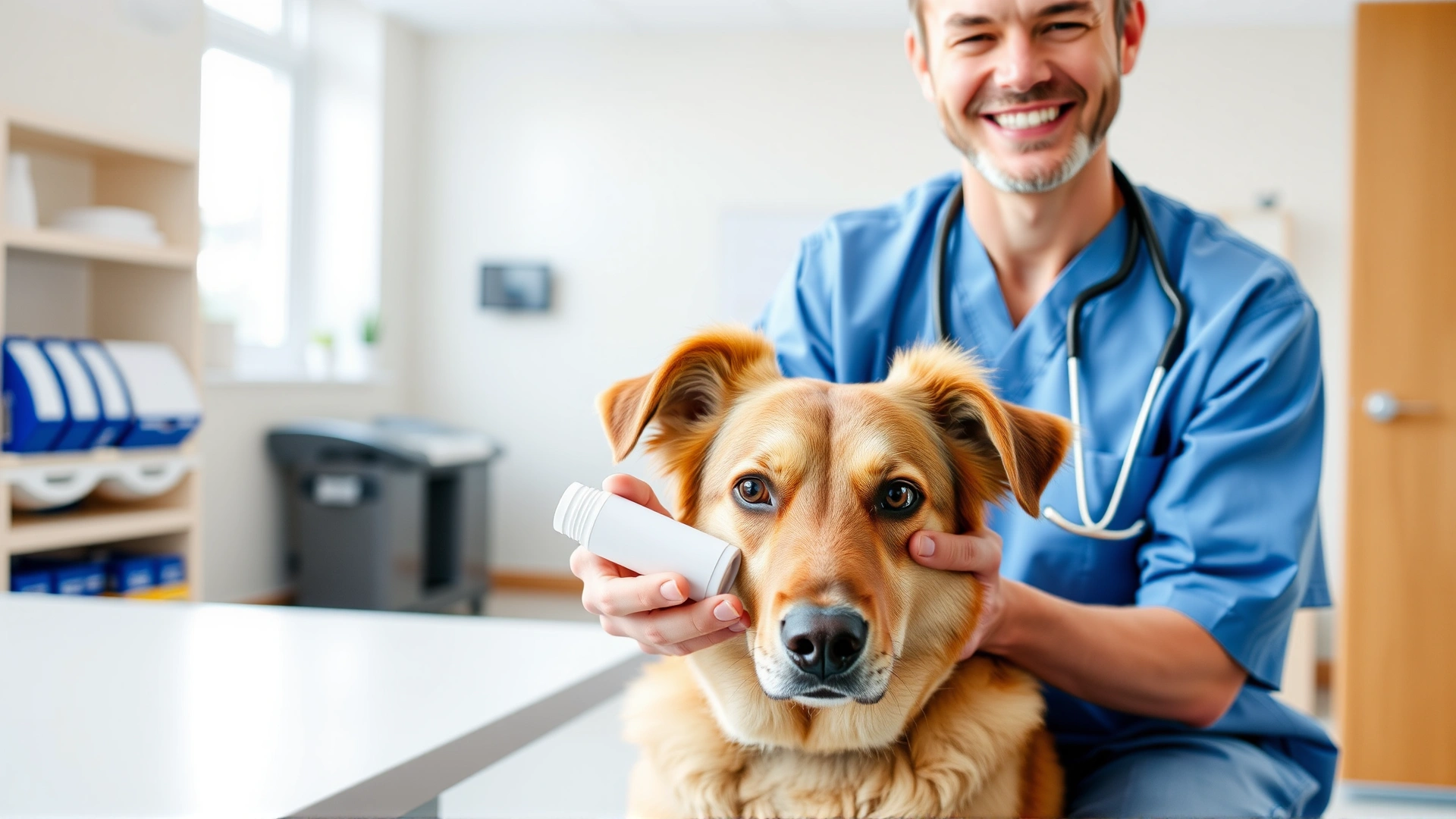 A friendly veterinarian smiling while holding a tablet bottle next to a calm medium-sized dog in a bright clinic setting, front view