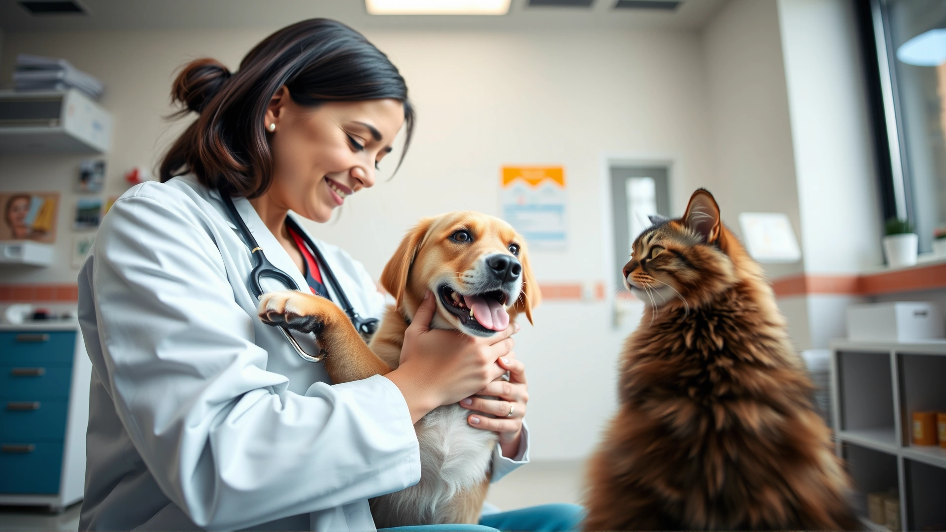 Wide-angle shot of a veterinarian gently holding a dog while a cat sits nearby in a bright clinic, conveying care and medication guidance