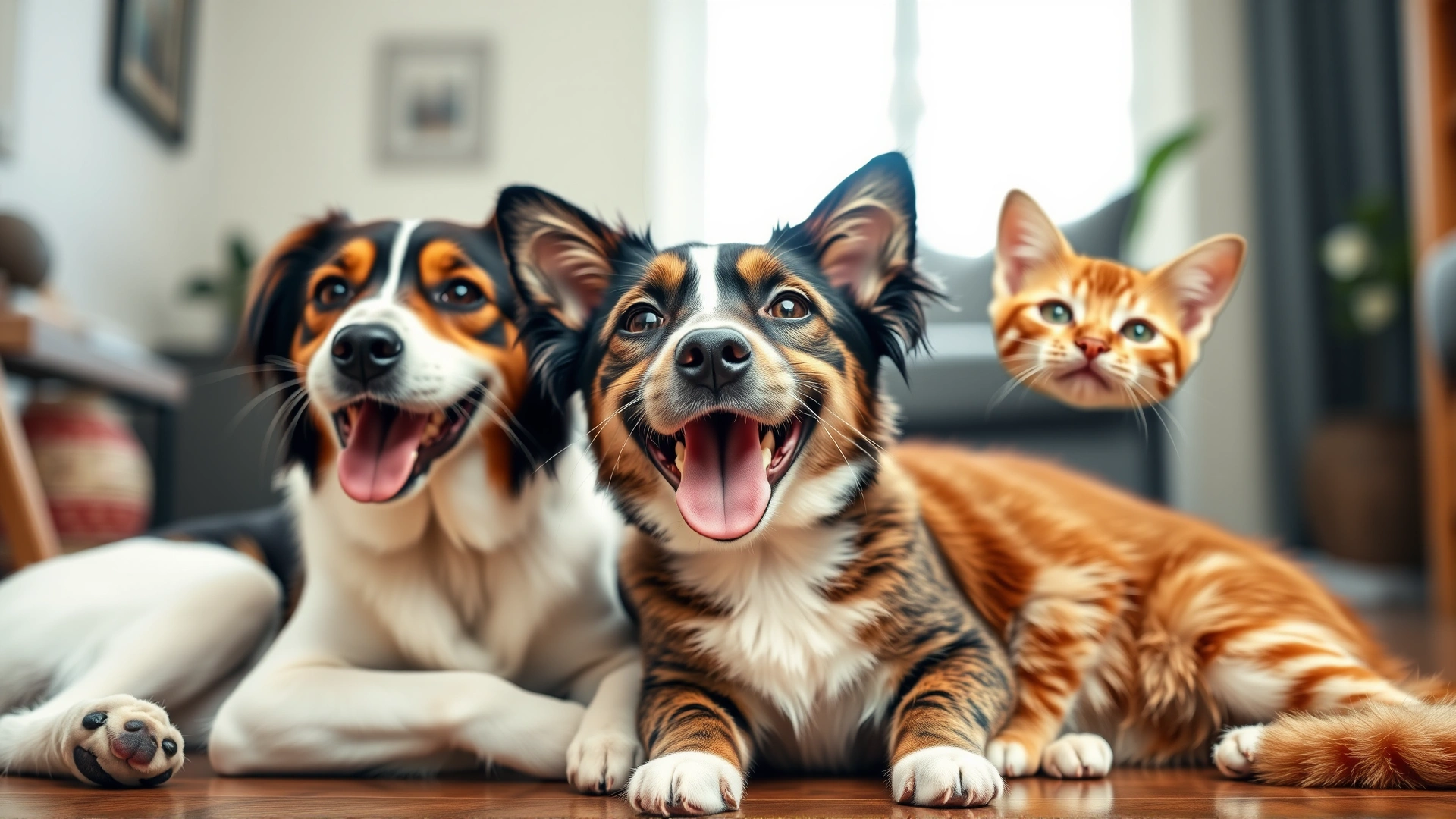 Wide-angle shot of a cheerful dog and cat sitting side by side, with a soft-focus home background, hinting at companionship and wellness.