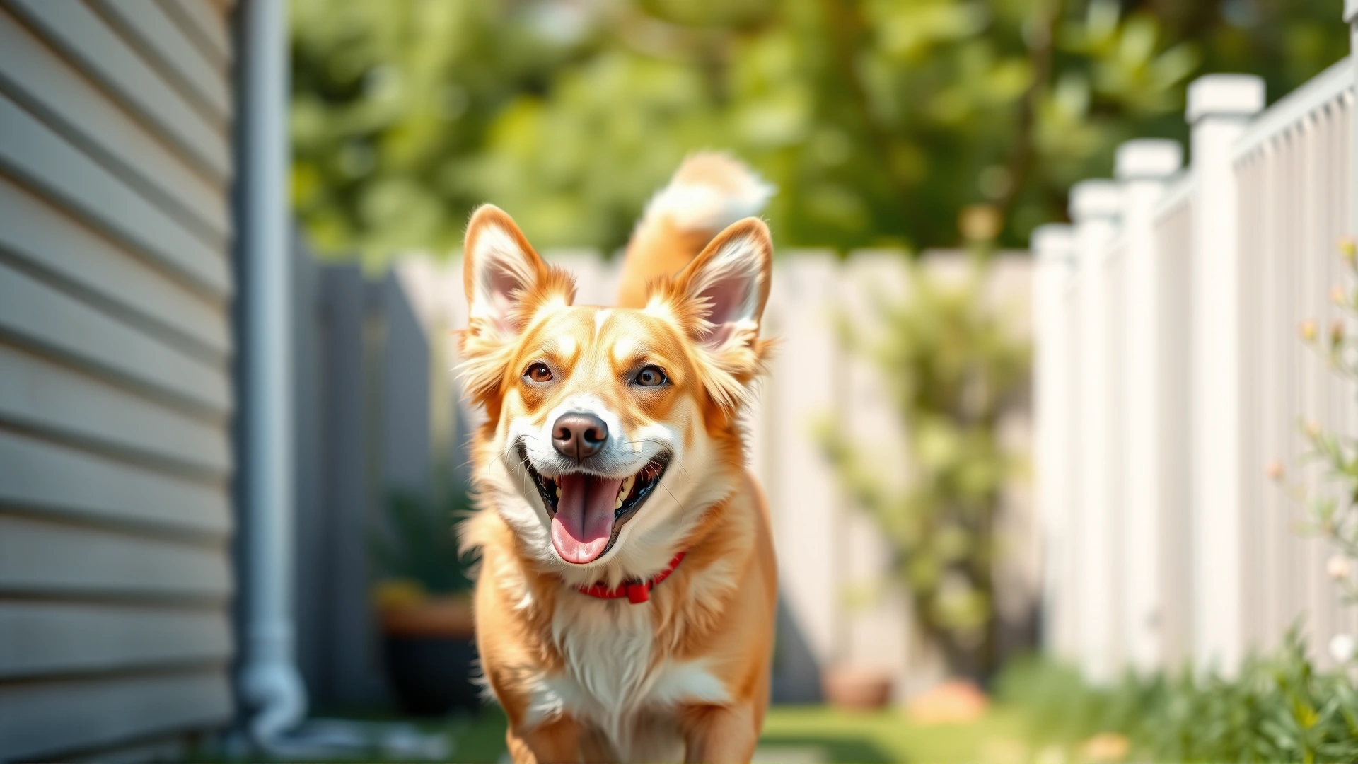 Happy female dog walking confidently with tail up in a sunny backyard, symbolizing freedom from urinary incontinence, soft focus background.