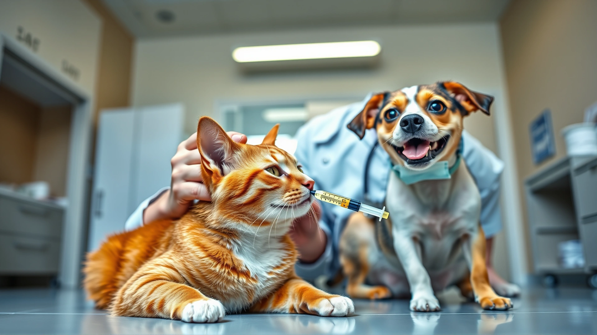 A smiling veterinarian in a modern clinic kneeling beside a relaxed orange tabby cat and a small mixed-breed dog, gently holding an oral syringe filled with liquid medication.