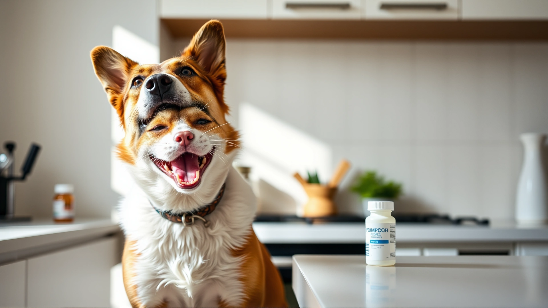 Bright lifestyle photo of a happy dog and cat together in a kitchen, with subtle focus on a medicine bottle on the counter in the background, representing home treatment setting, natural daylight, high-resolution