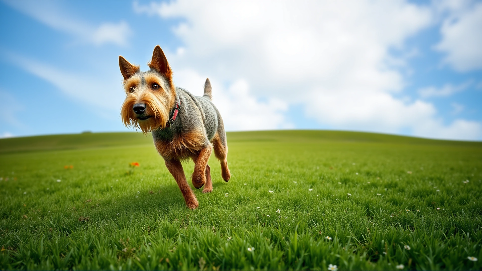 Full-width image of a Glen of Imaal Terrier trotting across a vibrant green meadow under a blue sky, captured at eye level to show its sturdy build