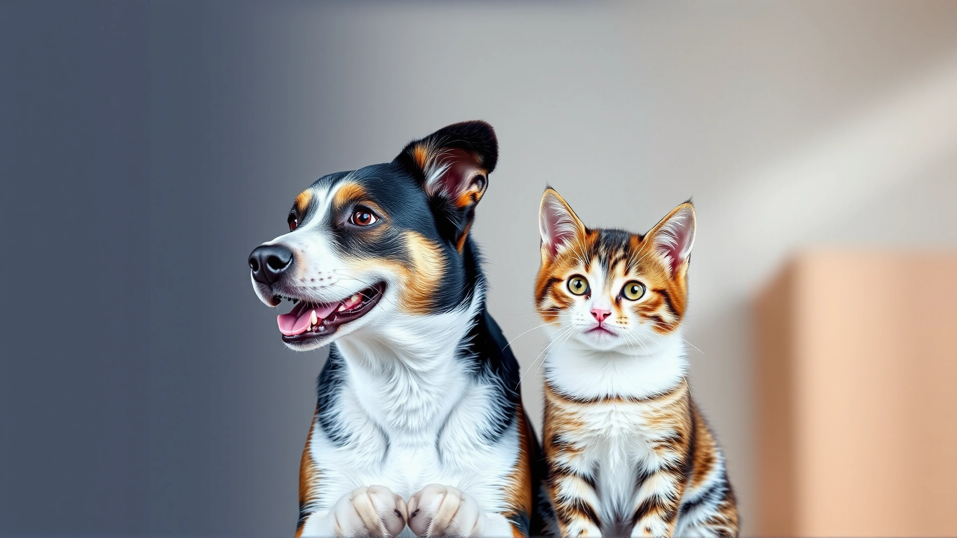 Bright, welcoming banner image showing a happy dog and cat sitting next to each other with a subtle medical cross icon in the background, suggesting veterinary care