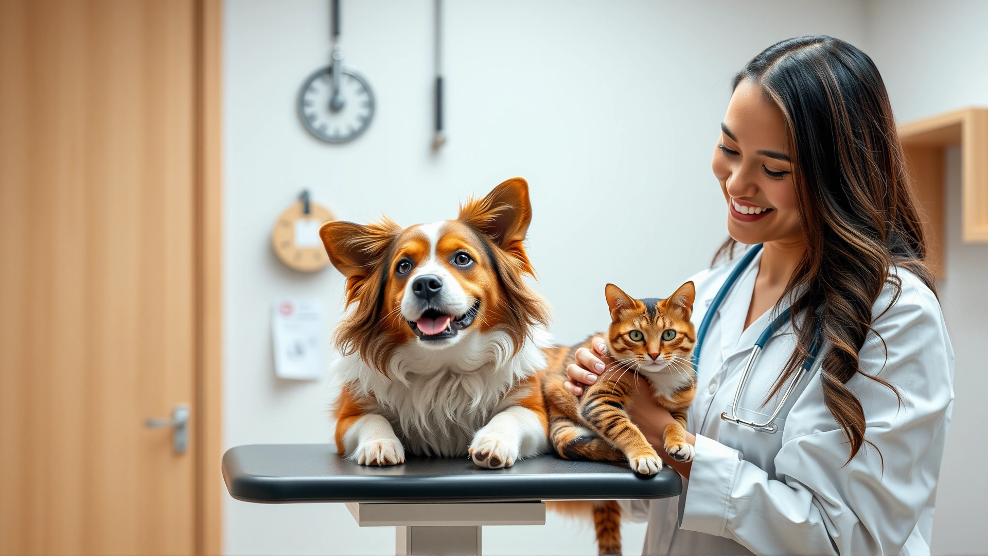 Cheerful veterinarian in clinic gently holding a dog and cat on exam table, with soft blurred background, conveys veterinary care and trust