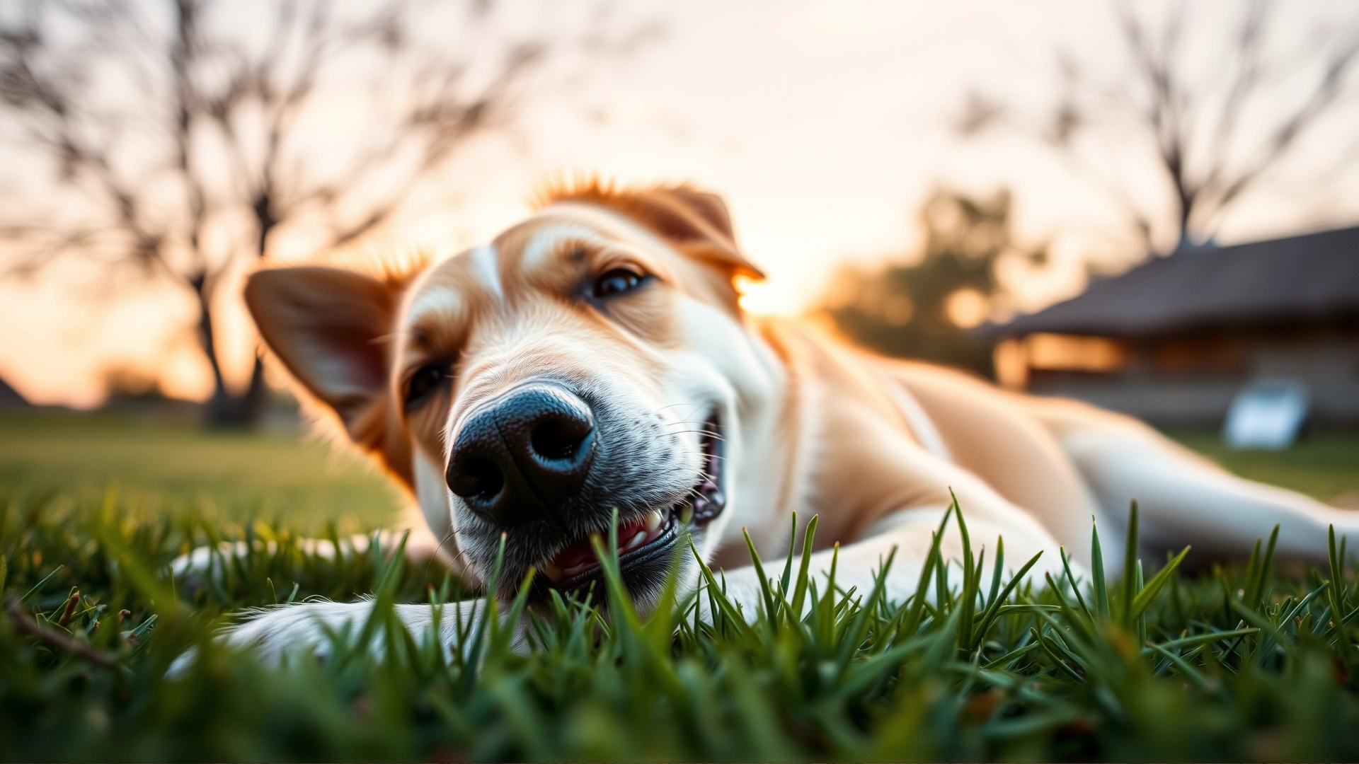 Close-up of a happy medium-sized dog lying on the grass with a relaxed expression, soft sunset backlight, conveys comfort and relief, wide aspect ratio banner