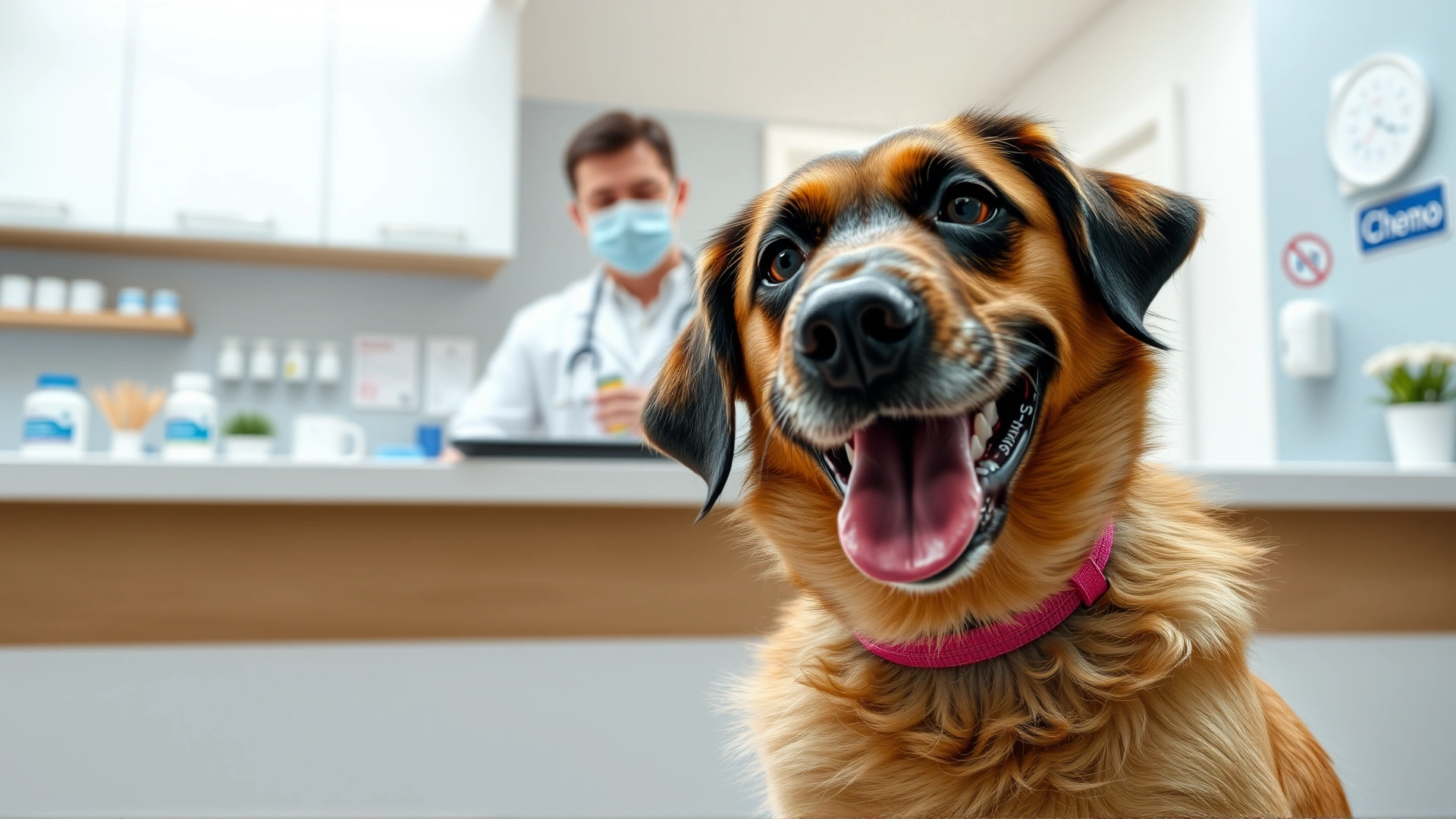 Close-up of a cheerful dog and its owner at a veterinary clinic reception desk, veterinarian in the background holding a medication bottle labeled 'Chemo', bright and welcoming atmosphere