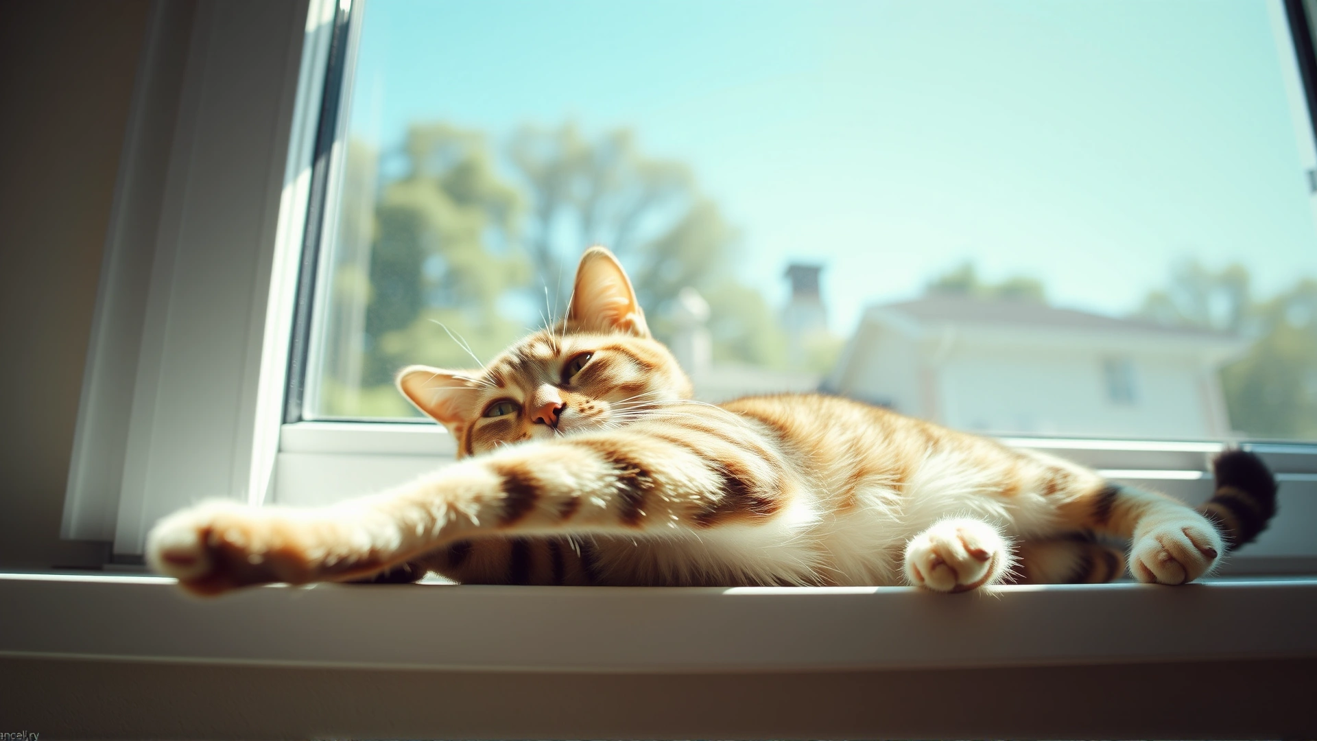Wide-angle shot of a healthy adult tabby cat stretching on a sunny windowsill, conveying vitality and well-being