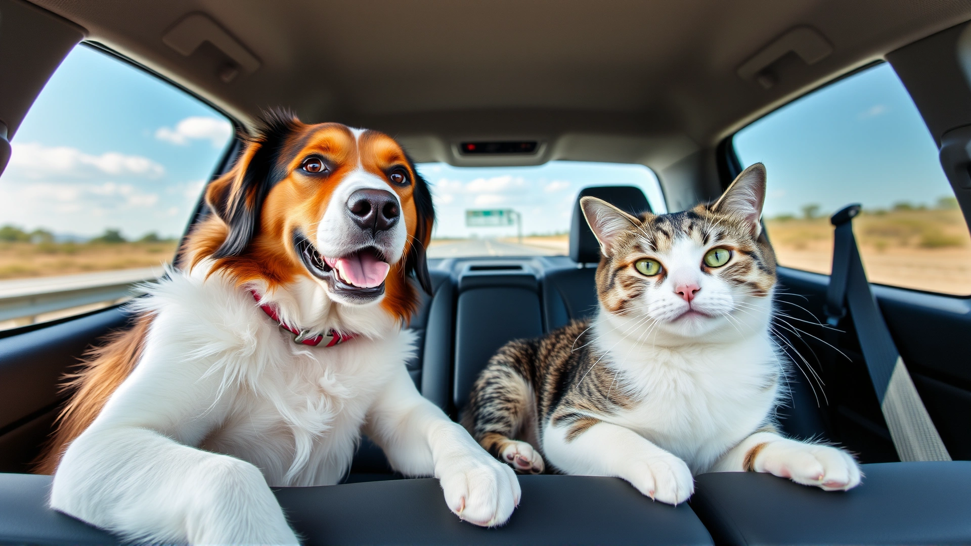 Wide-angle image of a relaxed dog and cat sitting together on a car backseat with a blurred highway view outside, conveying comfort during travel