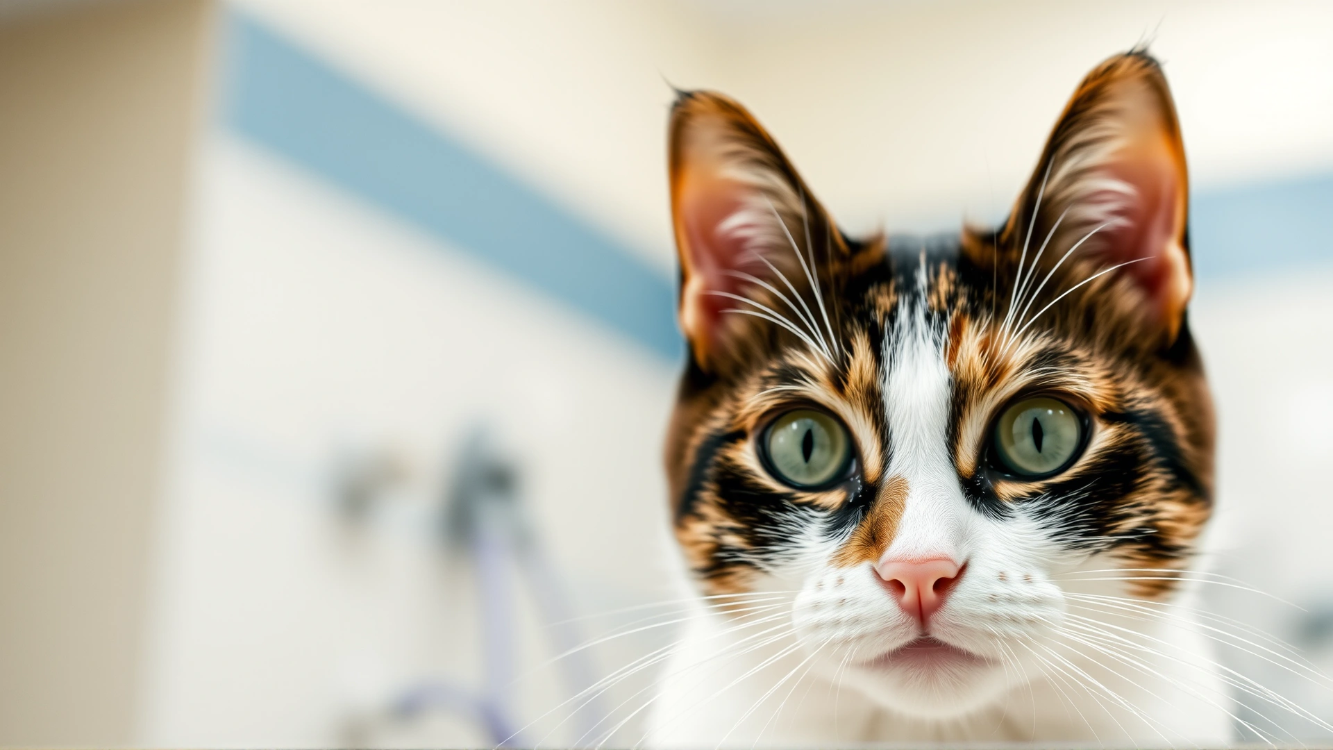 Close-up of a domestic short-haired cat looking alert with a soft-focus veterinary clinic background, representing feline hyperthyroidism treatment.
