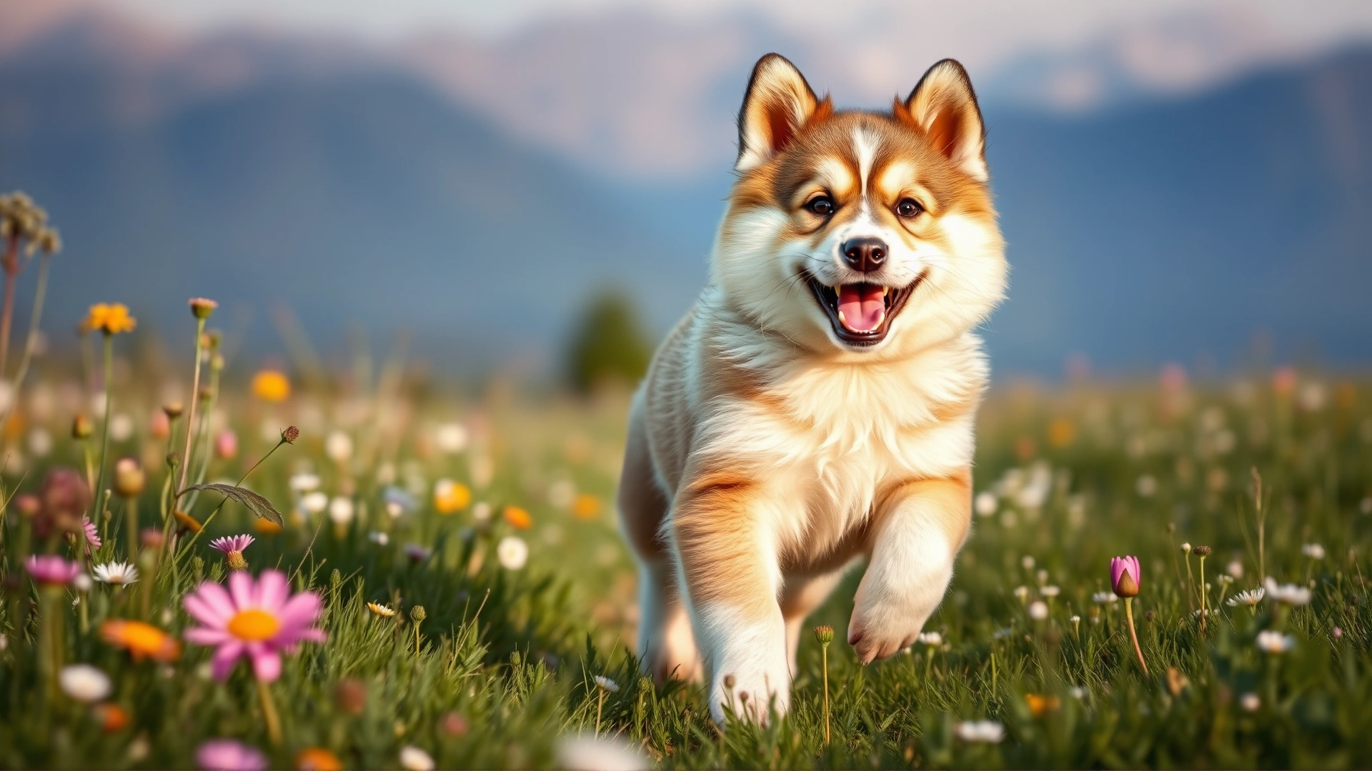 A joyful Goberian puppy running through a wildflower meadow with morning dew sparkling and mountains in the background.