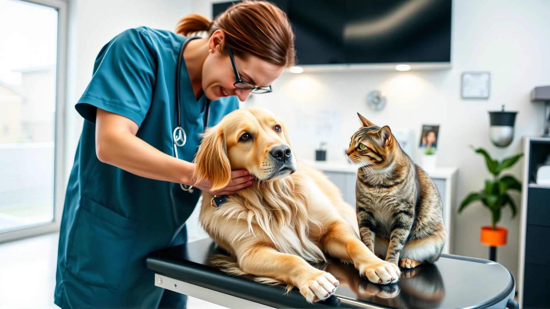 A friendly veterinarian gently examining a golden retriever and a domestic short-haired cat on an examination table in a bright, modern clinic; focus on care and comfort