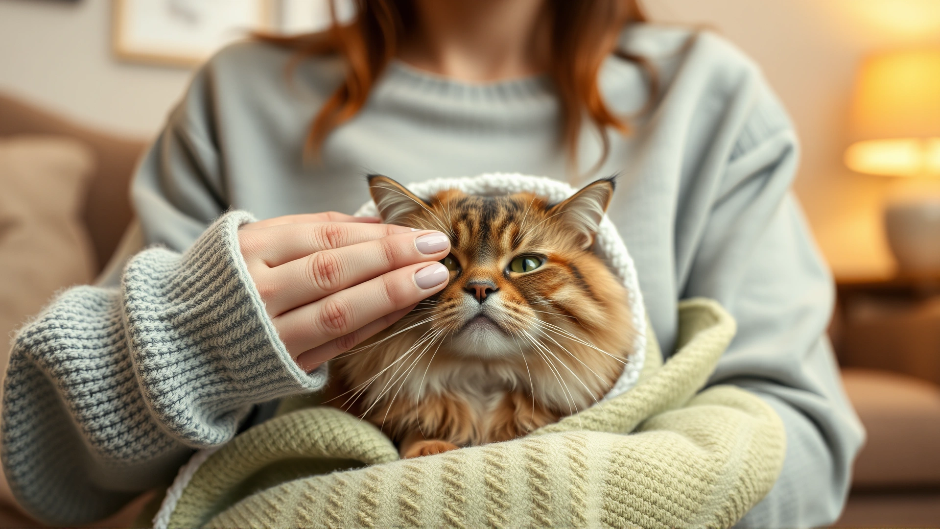 An anxious cat owner gently holding a small mirtazapine tablet near their cat wrapped in a soft towel, set in a cozy living room with warm tones.